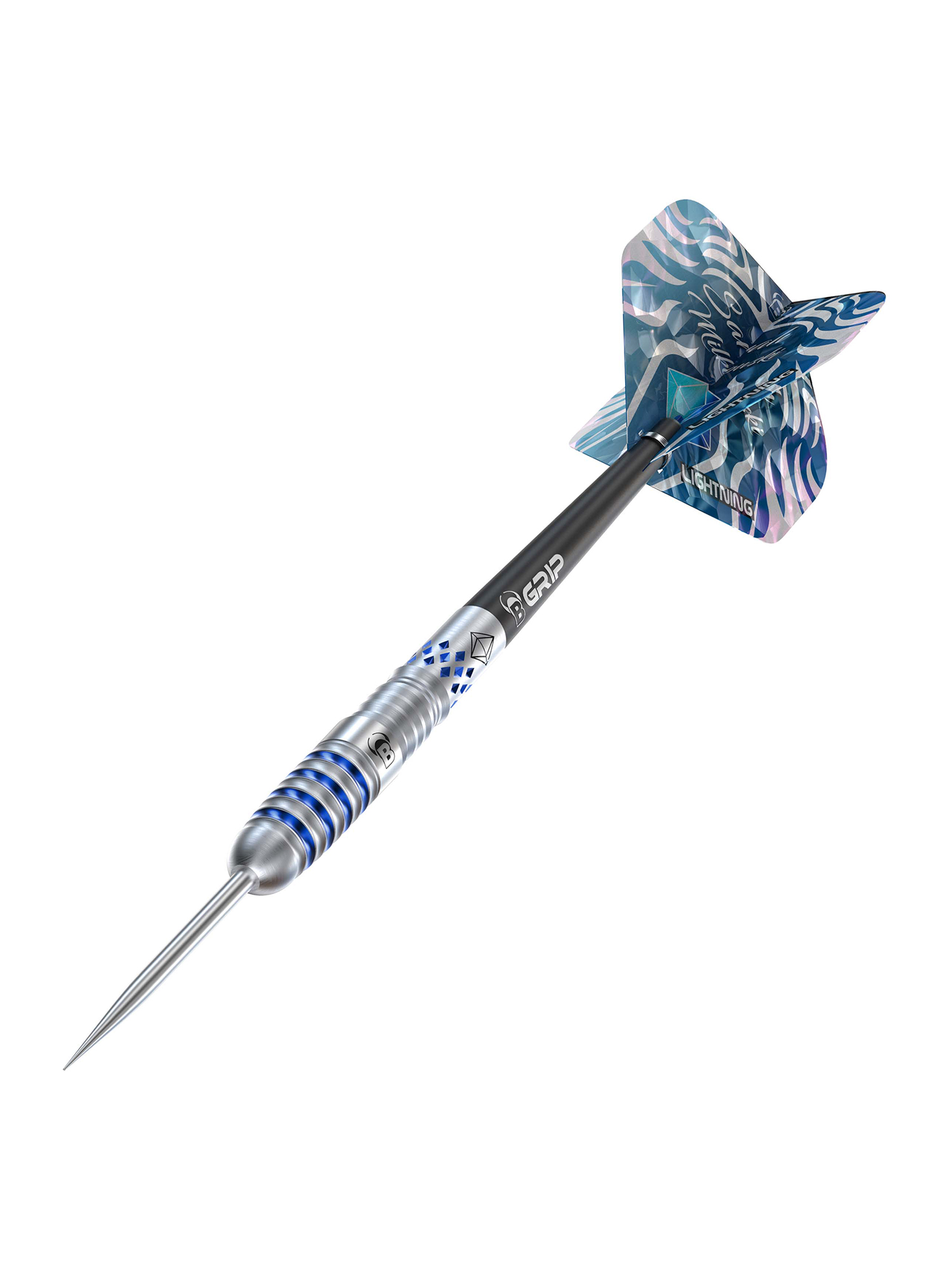 Eine Dartpfeil isoliert auf Weiß. Er hat eine silberne Spitze und einen Lauf mit blauen Ringen. Der Flug ist blau und weiß.