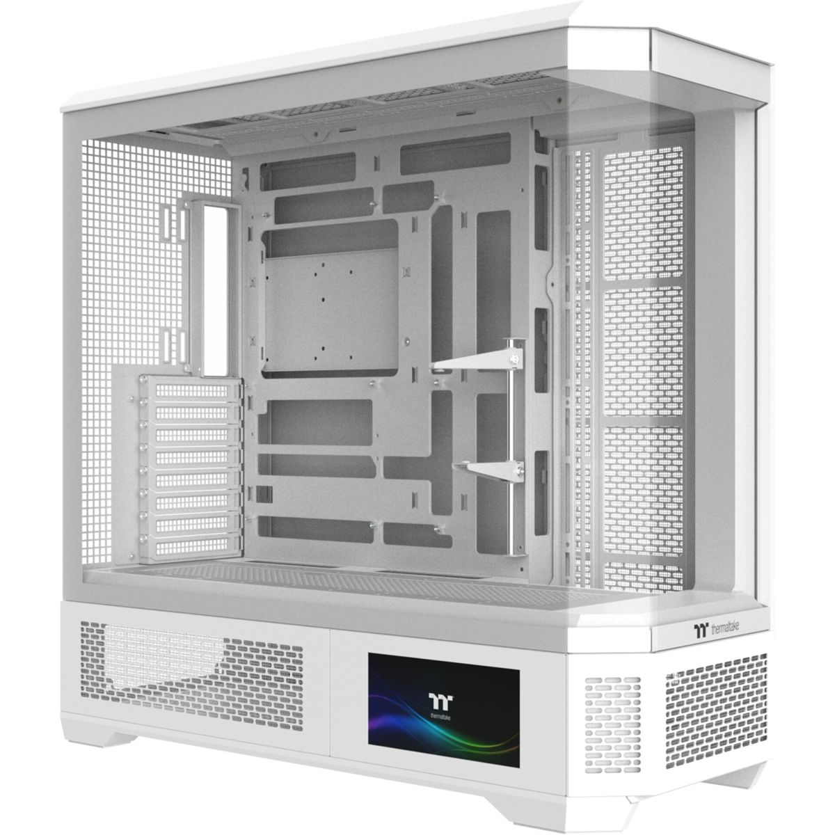 Een witte computerkast met een glazen zijpaneel. Het heeft een Thermaltake-logo op het voorpaneel en een rasterontwerp.