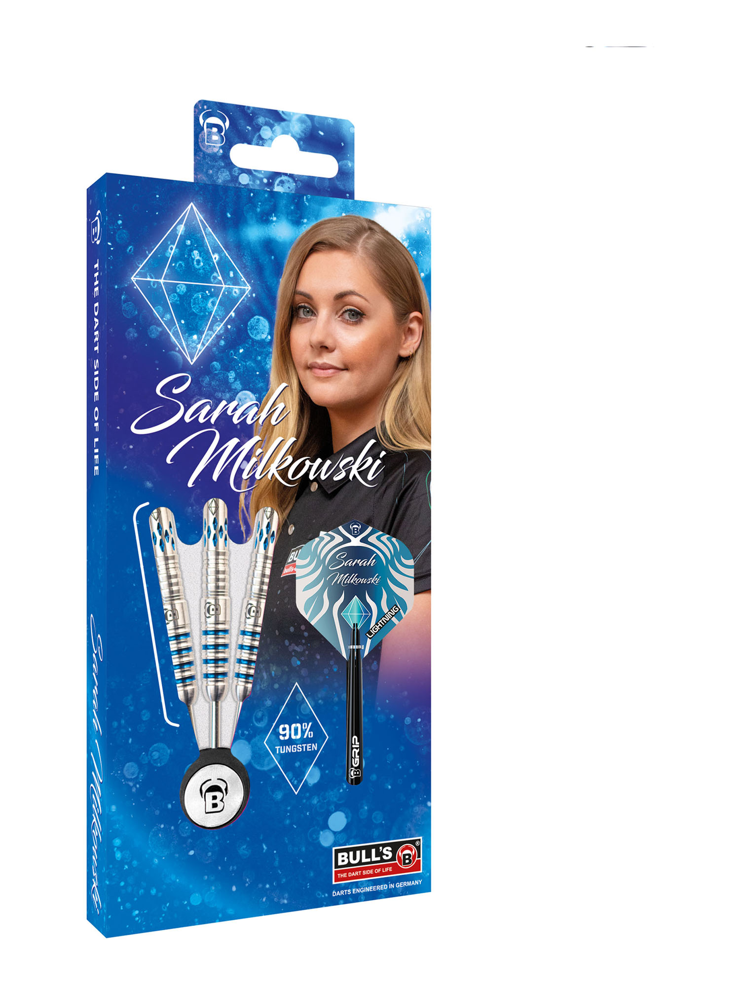 Dartbox mit Sarah Milkouski. Darts sind silber und blau. Die Box hat einen blauen Hintergrund und die Marke BULL'S.