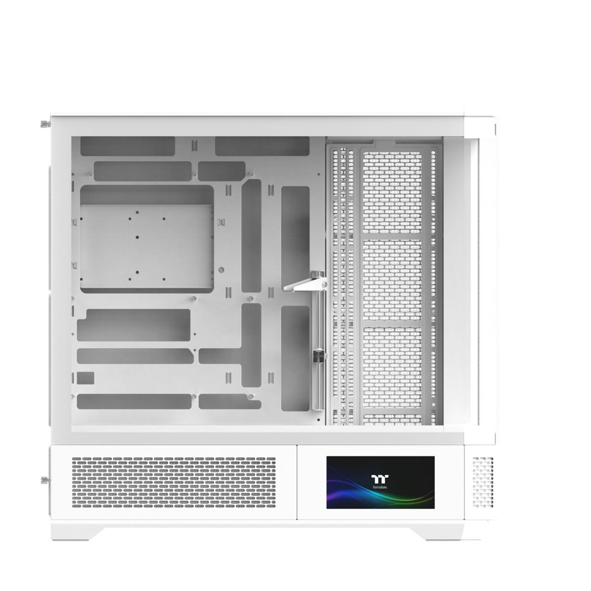 Witte computerkast met open interieur. Het heeft verschillende uitsparingen, ventilatieopeningen en een scherm met een logo. Een schoon, minimalistisch ontwerp.