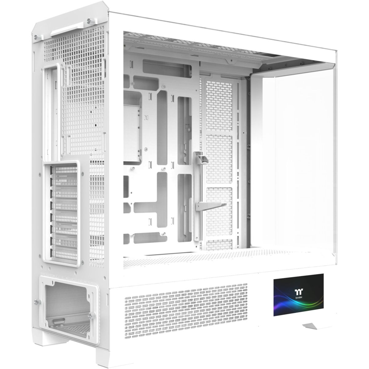 Een witte computerkast met een open interieur, met verschillende compartimenten en montagepunten. Het Thermaltake-logo is zichtbaar.