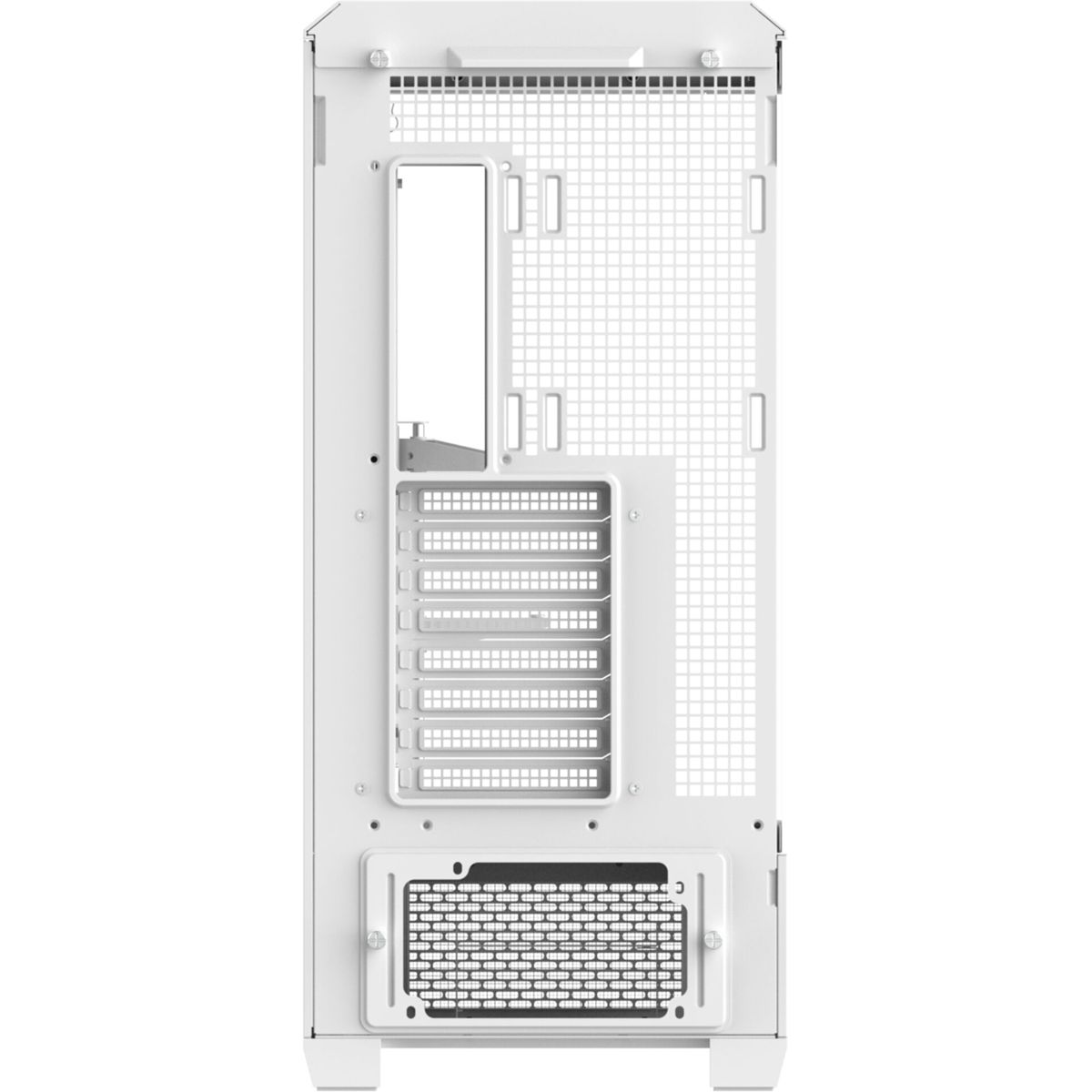 Een witte computerkast, gezien van achteren. Het heeft verschillende ventilatieopeningen, roosters en openingen voor componenten. Het ontwerp lijkt modern en minimalistisch.