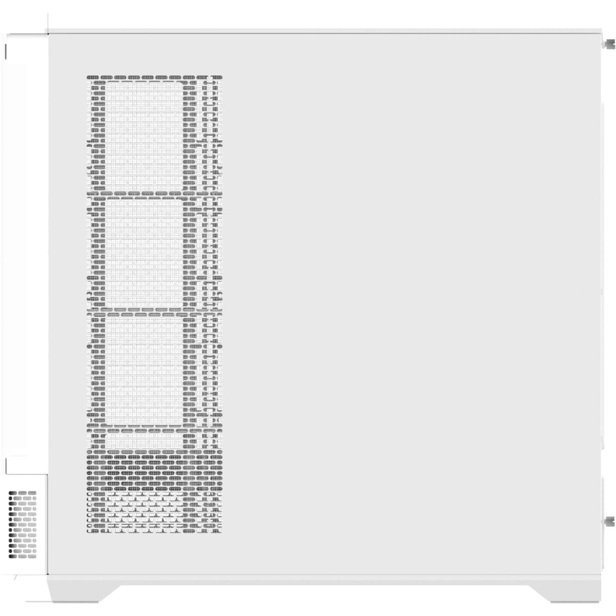Een witte computerkast, met een zijpaneel met ventilatiegaten en een effen wit oppervlak aan de rechterkant.
