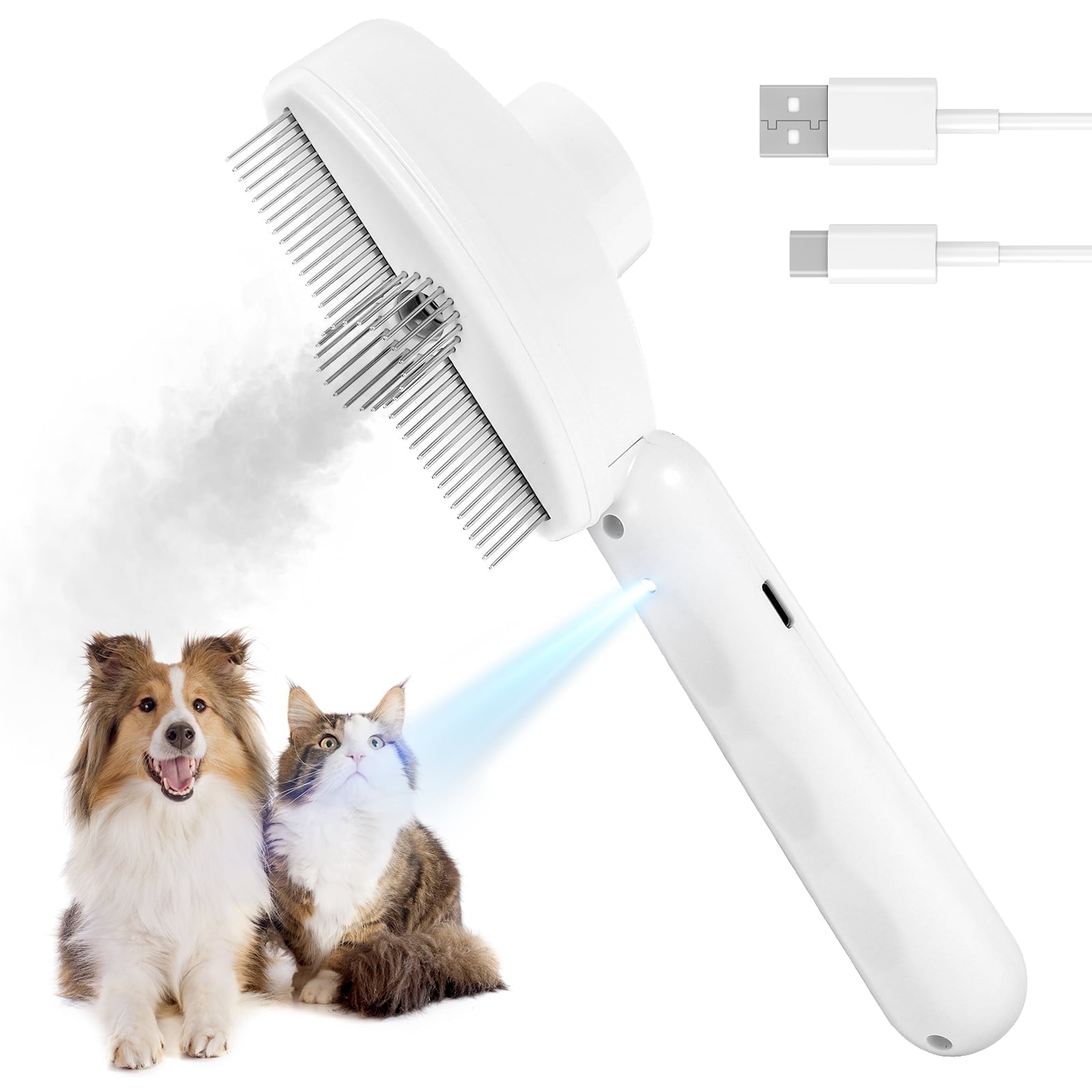Weiße Tierpflegebürste, Hund und Katze sitzen, mit Kabeln. Blauer Lichtstrahl. Weißer Hintergrund.
