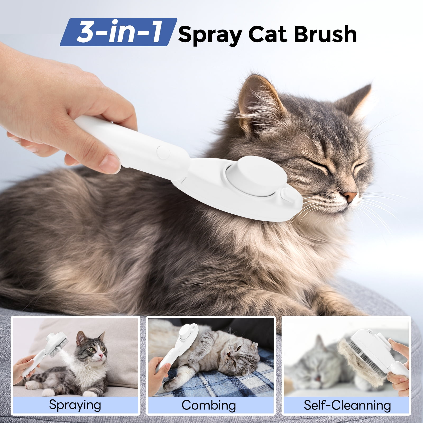 Eine Hand bürstet eine graue Katze mit einer weißen 3-in-1-Sprühkatzenbürste. Das Bild zeigt die Bürste in Gebrauch und kleinere Bilder ihrer Verwendung.