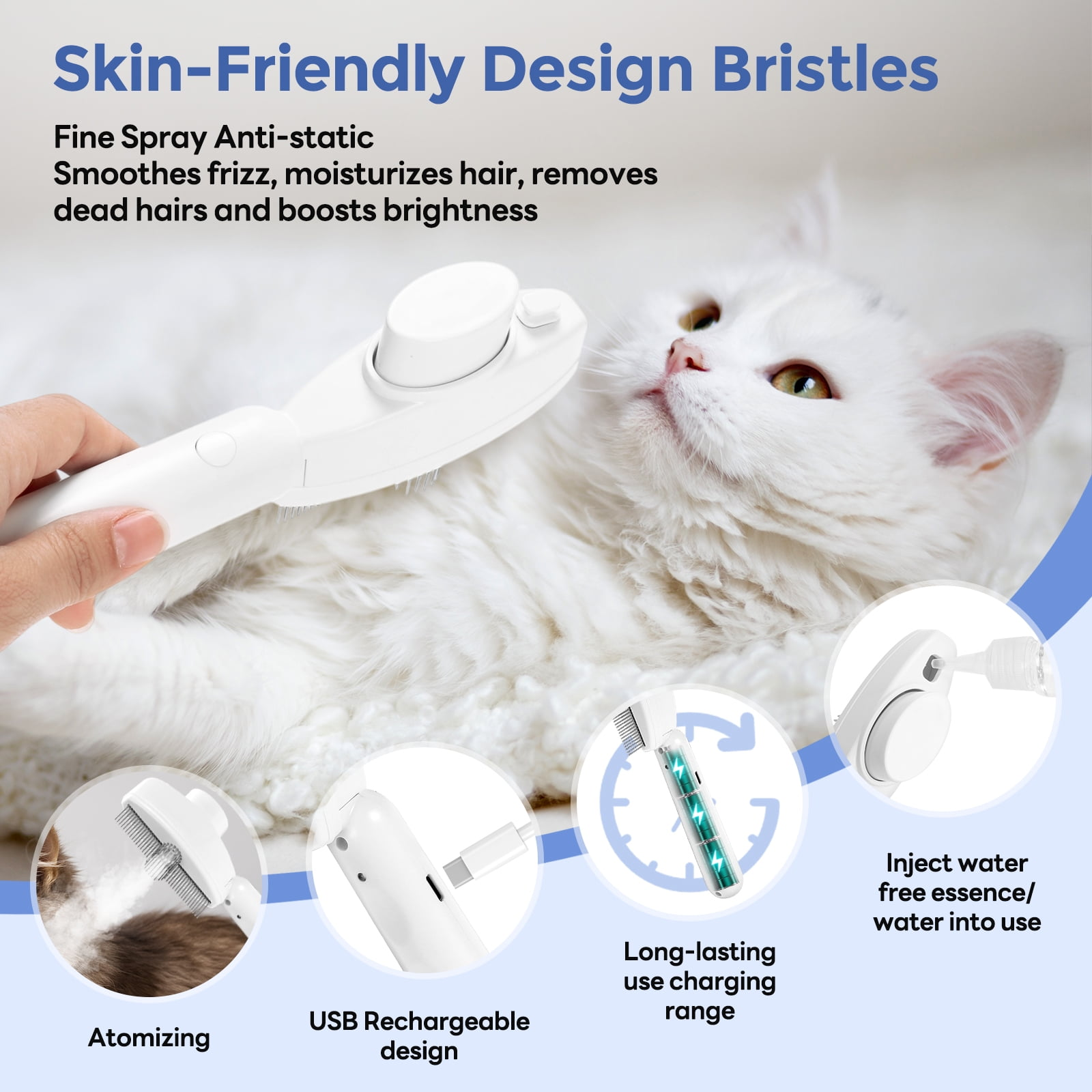 Eine weiße Katze wird mit einer weißen Bürste gepflegt. Die Bürste wird als hautfreundlich beworben und hat verschiedene Funktionen.