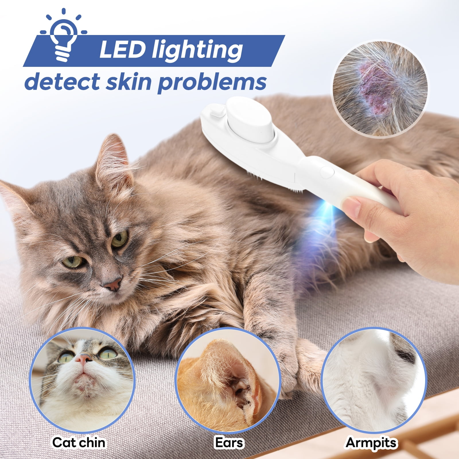 Eine Katze wird mit einem Gerät untersucht. Nahaufnahmen von Kinn, Ohren und Achseln der Katze. Text: LED-Beleuchtung erkennt Hautprobleme.