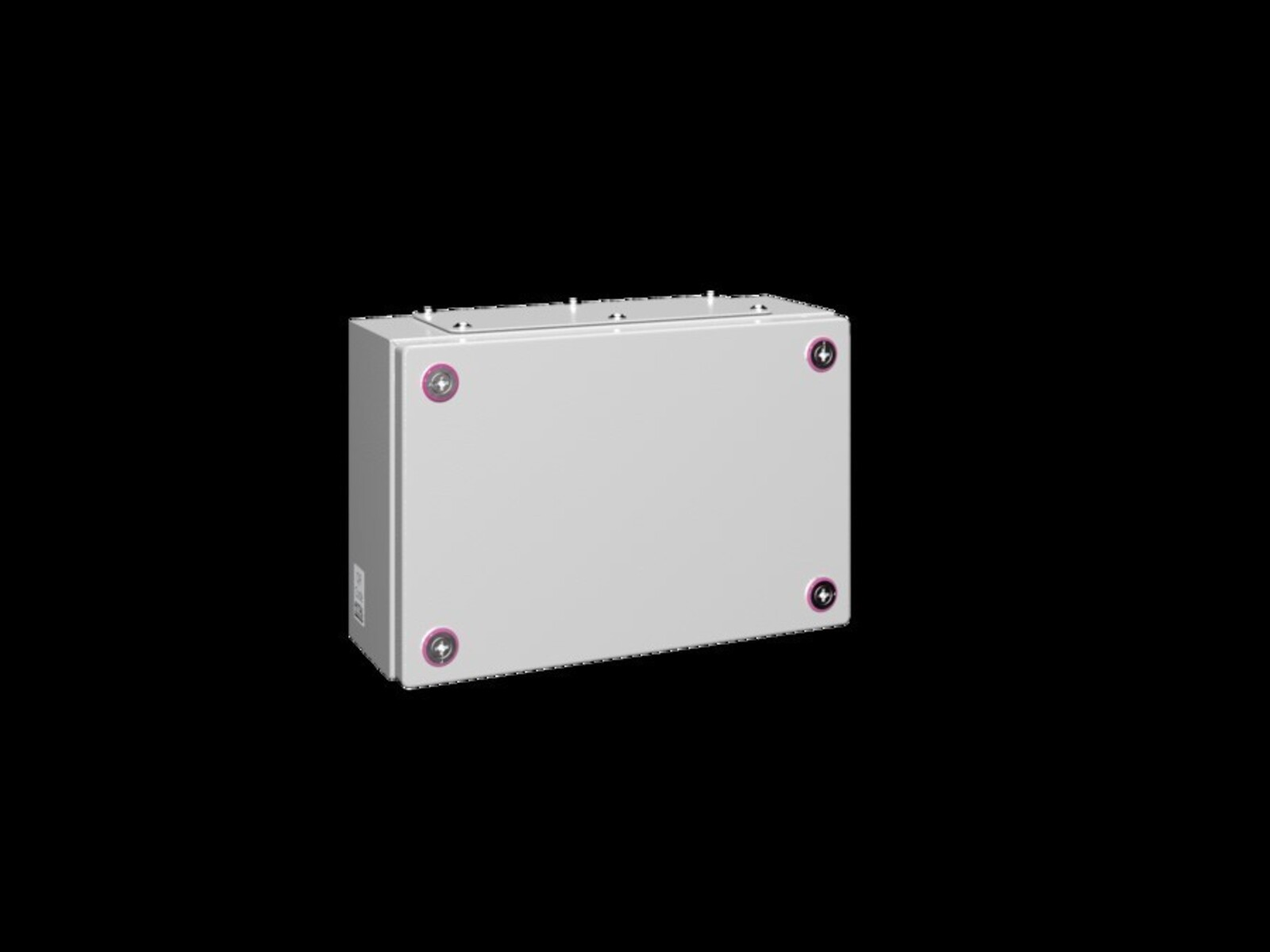 Eine graue Elektrobox mit rosafarbenen Schraubenköpfen vor schwarzem Hintergrund. Die Box hat eine rechteckige Form.
