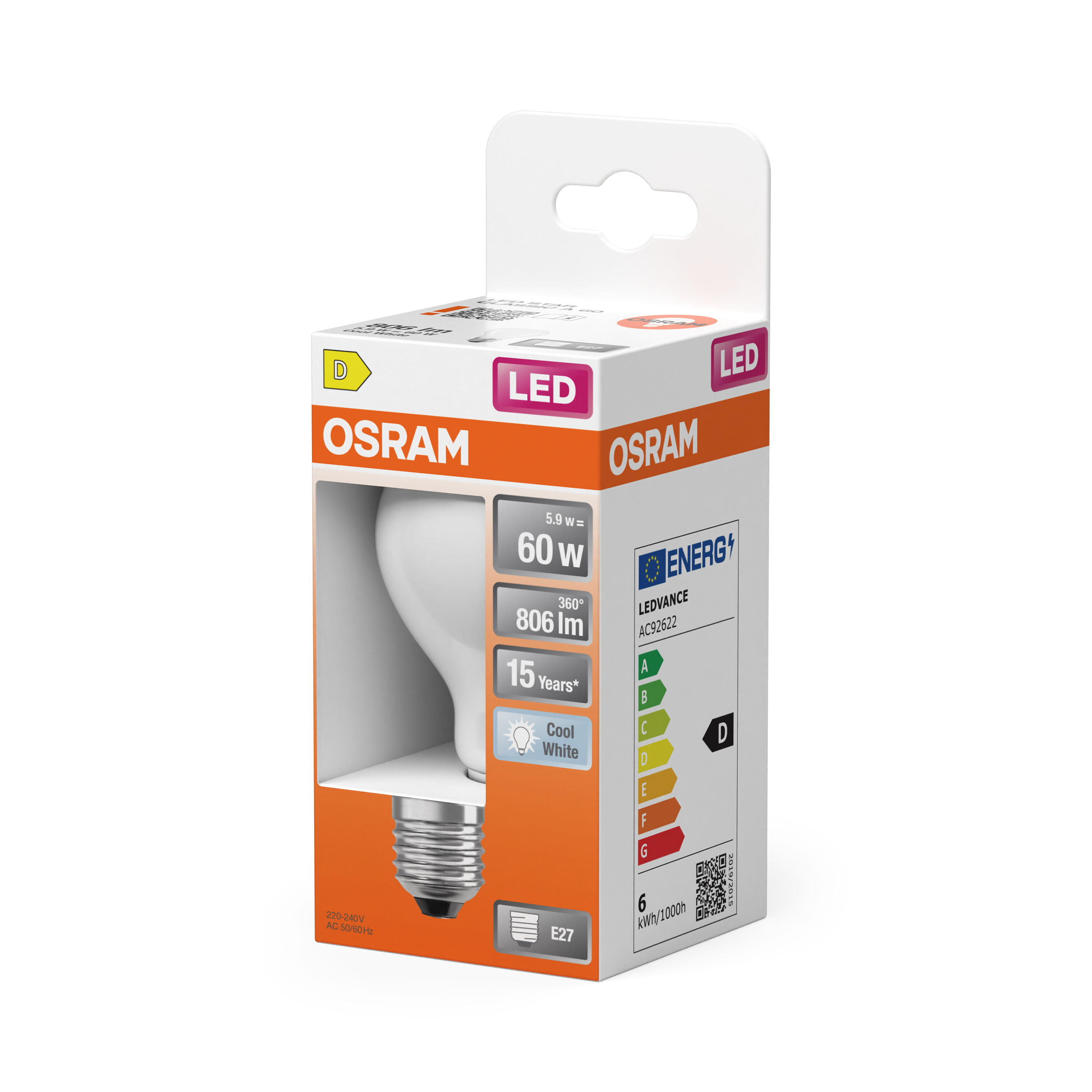 Una lampadina LED Osram in una scatola bianca e arancione. Dettagli includono wattaggio, luminosità ed efficienza energetica.