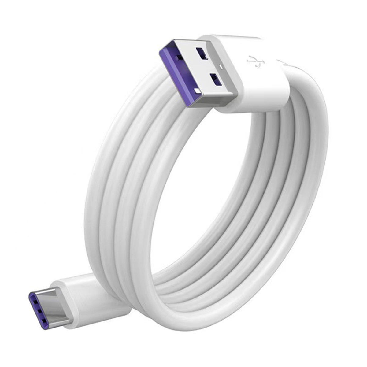 Weißes USB-Kabel mit lila Akzentstecker, gewickelt. USB-A- und USB-C-Anschlüsse sind vor weißem Hintergrund sichtbar.