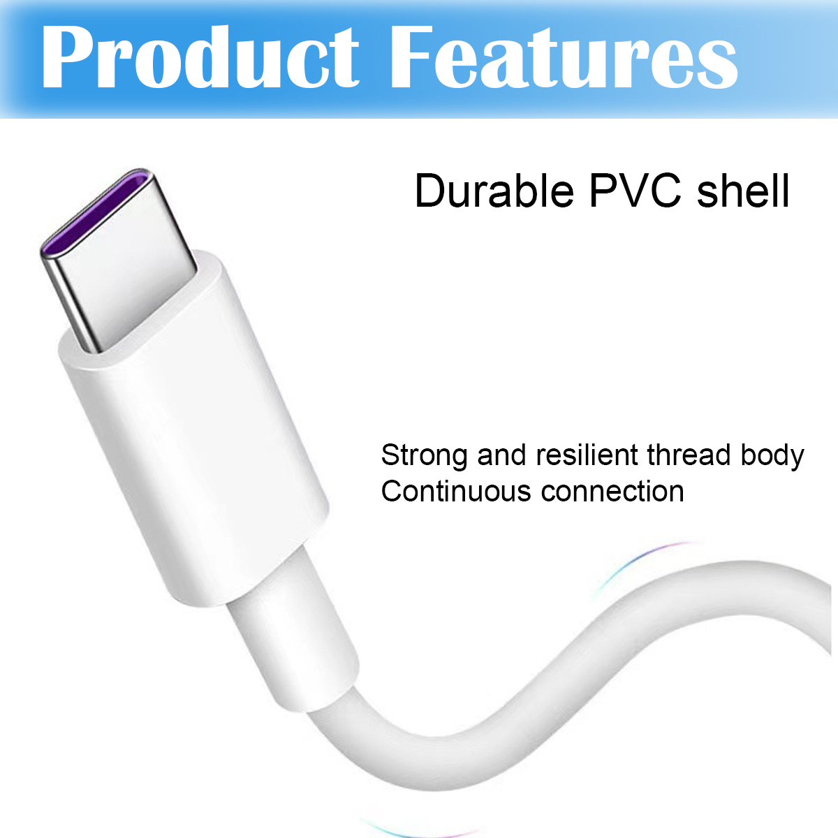 Ein weißes USB-C-Kabel mit lila Innenanschluss. Text: 'Produktmerkmale' und 'Haltbare PVC-Hülle'.