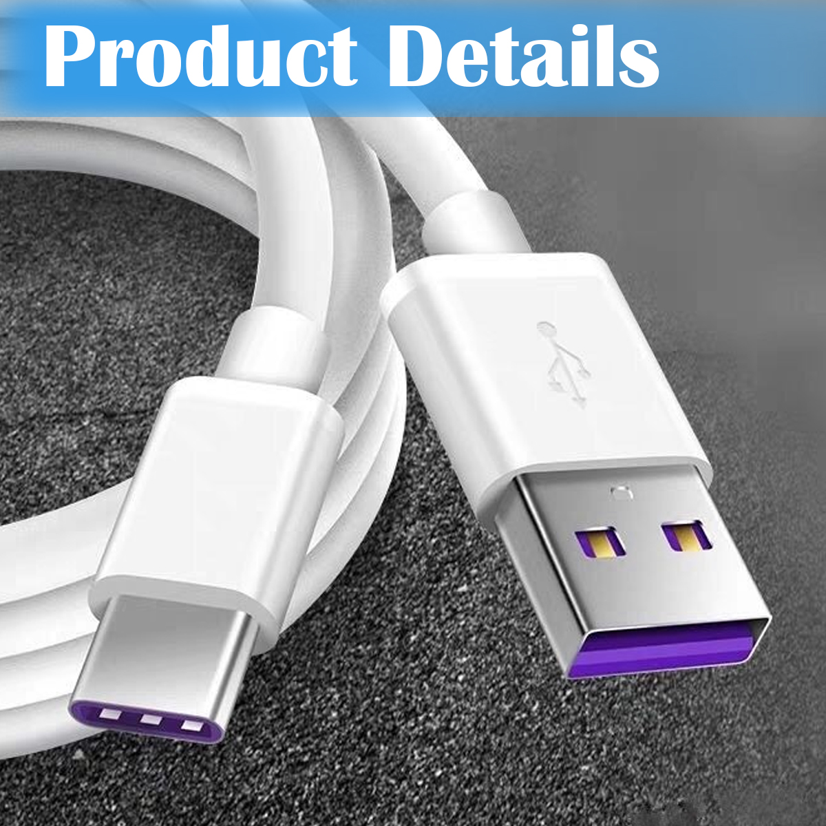 Ein weißes USB-Kabel mit USB-A- und USB-C-Anschlüssen, lila und goldfarbenen Akzenten. Produktdetails stehen oben im Bild.