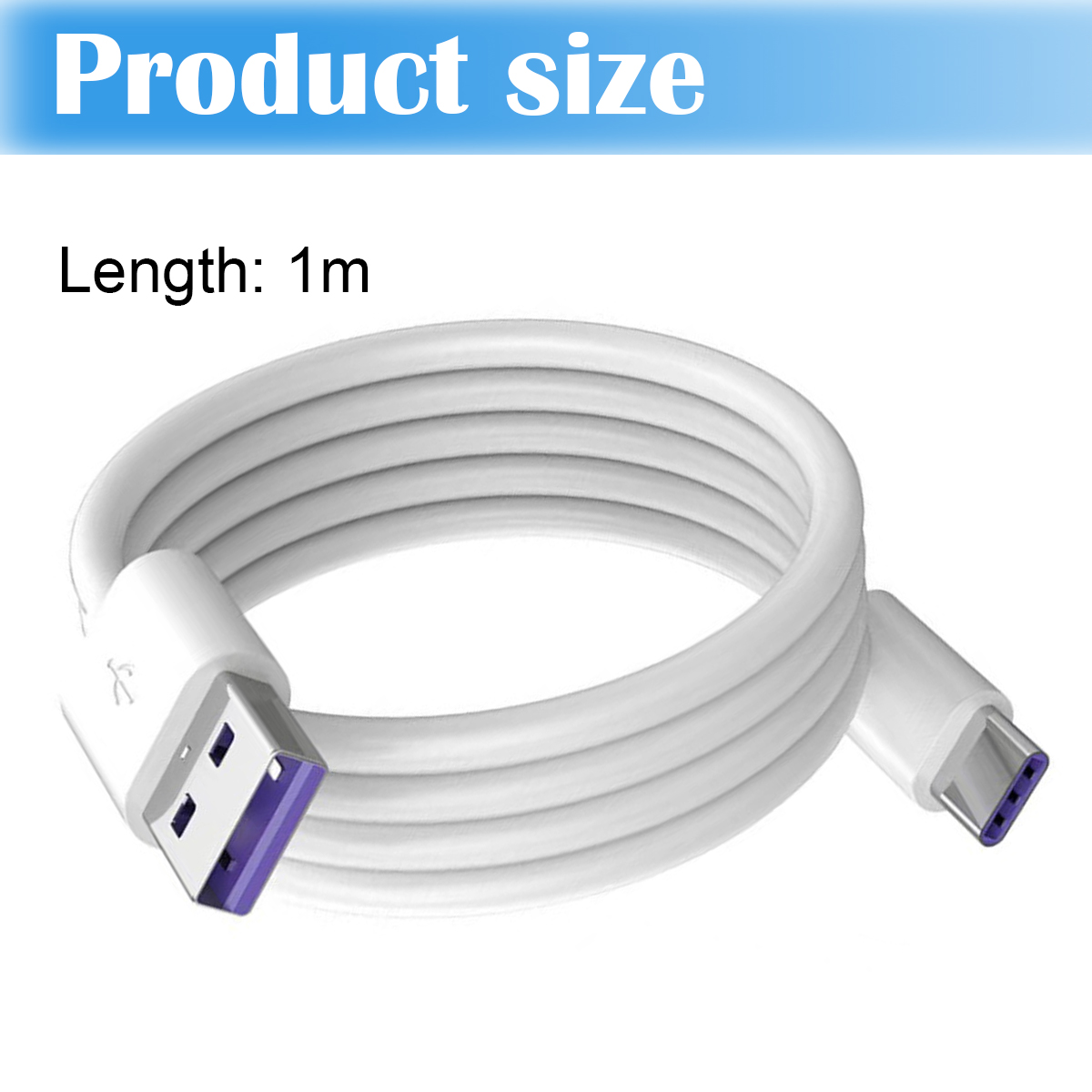 Ein weißes USB-Kabel ist aufgerollt. Die Anschlüsse sind weiß mit lila Einsätzen. Der Text oben lautet 'Produktgröße', 'Länge: 1m'.