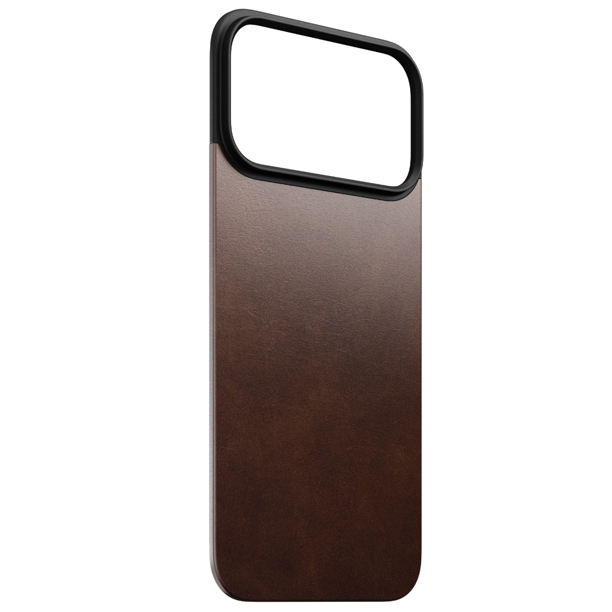 Una custodia per telefono in pelle marrone con una cornice nera attorno all'intaglio della fotocamera. Lo sfondo è bianco.