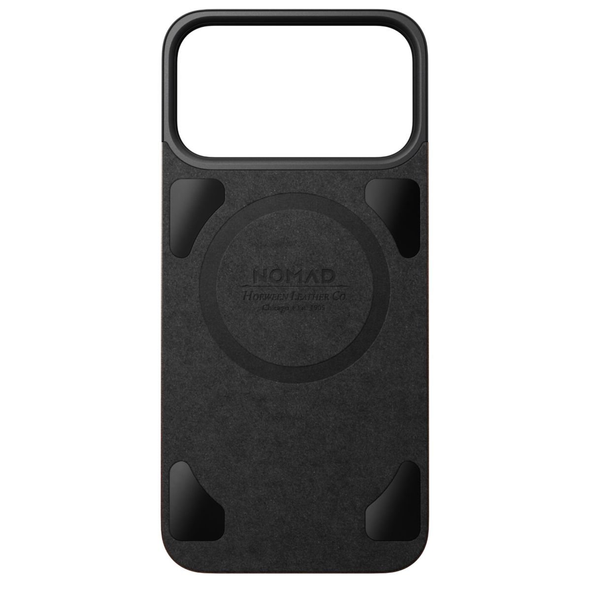 Custodia per telefono nera con intaglio per fotocamera e logo Nomad. Presenta un design circolare al centro e quattro accenti angolari.