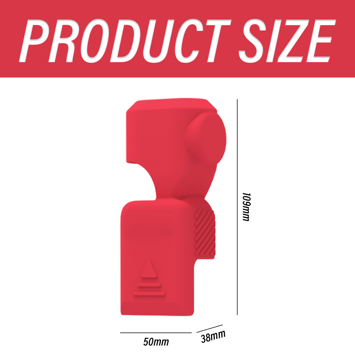 Ein rotes Objekt mit den Maßen 109 mm hoch, 50 mm breit und 38 mm tief. Der Text 'PRODUCT SIZE' steht oben im Bild.