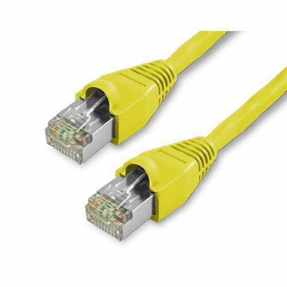 Zwei gelbe Ethernet-Kabel mit silbernen Steckern vor weißem Hintergrund.