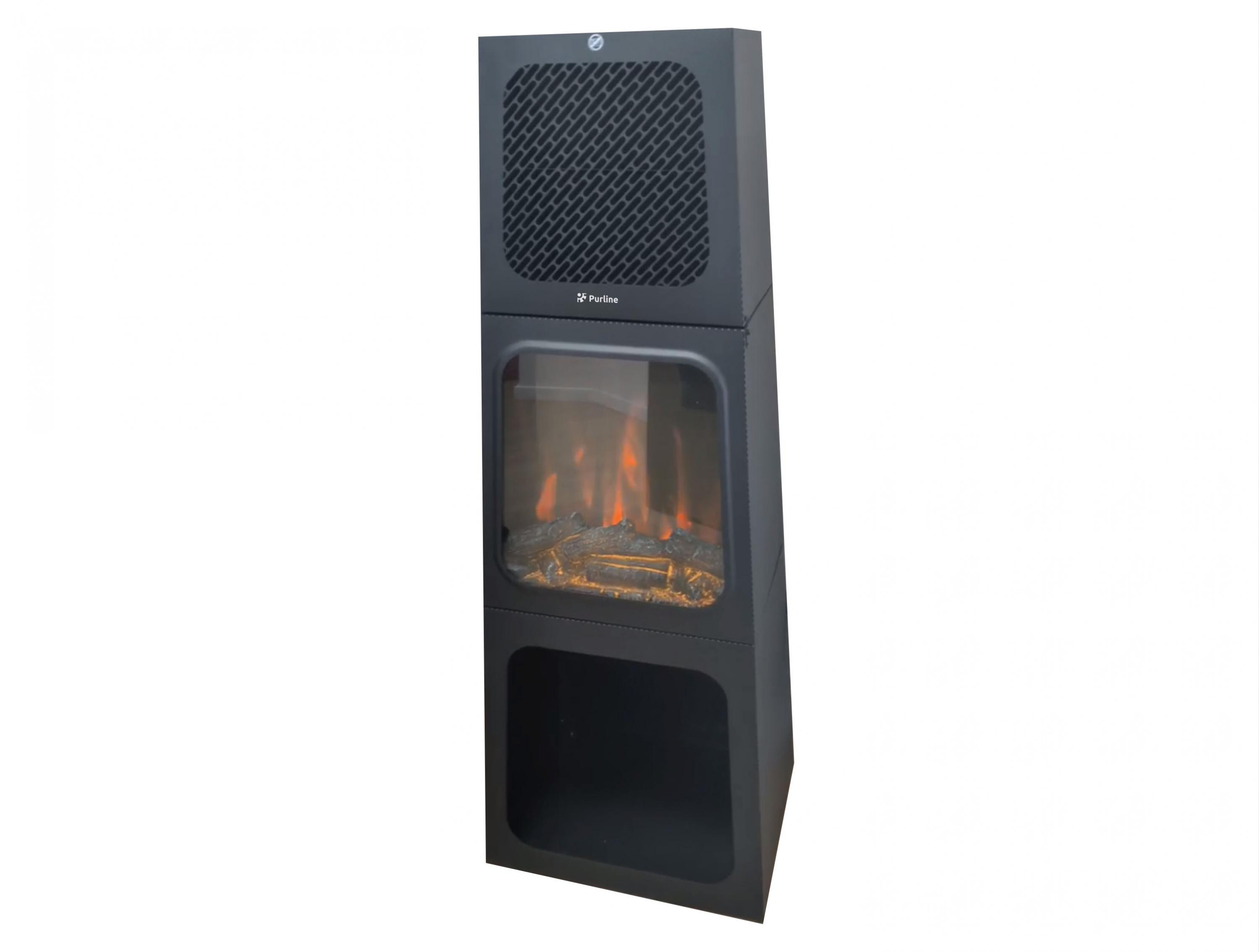 Ein schwarzer Elektrokamin mit Glasfront, künstlichen Flammen und einem Mesh-Top. Es hat ein Regal unten.
