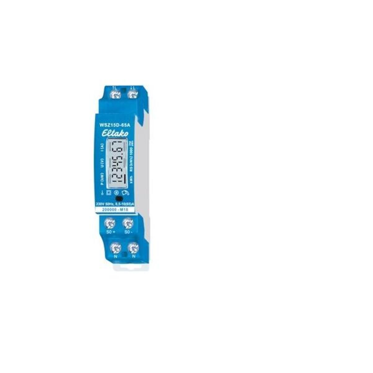 Un contatore elettrico blu mostra dei numeri. Ha un display digitale e varie marcature, incluse informazioni su tensione e corrente.
