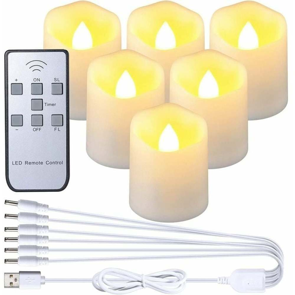 Sechs LED-Kerzen mit Fernbedienung und Ladekabeln. Kerzen sind elfenbeinfarben mit flackerndem gelbem Licht.