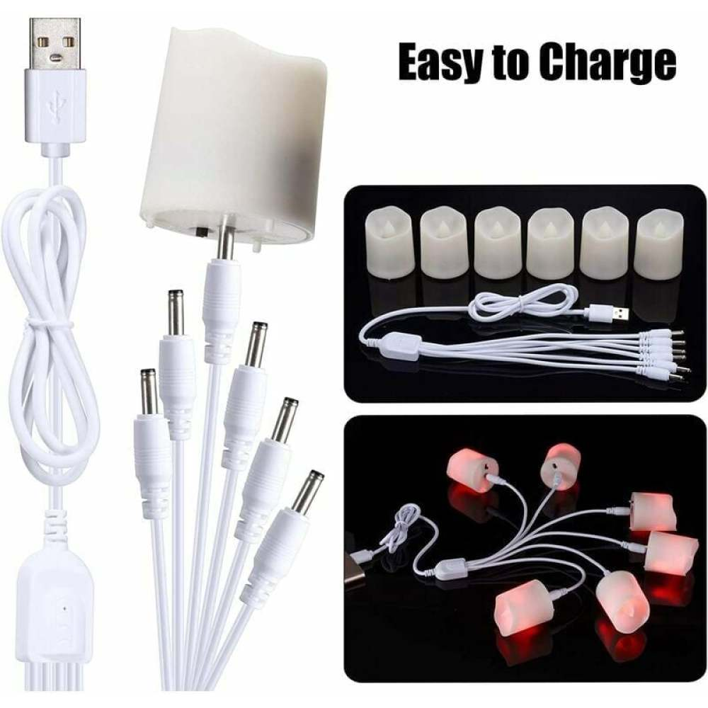 Weißes USB-Kabel, Kerzen und Ladeaufbau. Text 'Easy to Charge'. Kerzen werden beleuchtet und unbeleuchtet angezeigt.