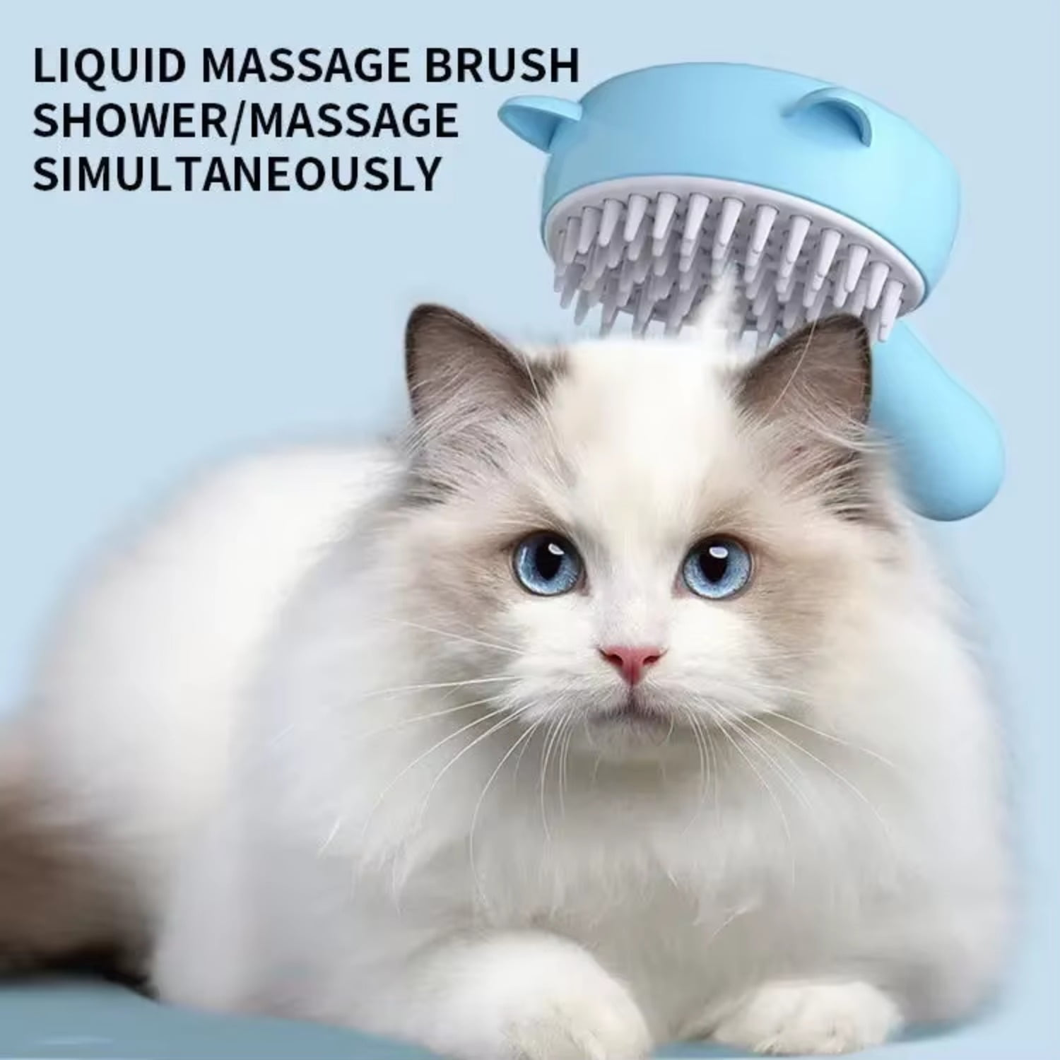 Eine flauschige weiße Katze mit blauen Augen unter einer blauen Massagebürste. Oben steht: 'Flüssige Massagebürste Dusche/Massage gleichzeitig'.
