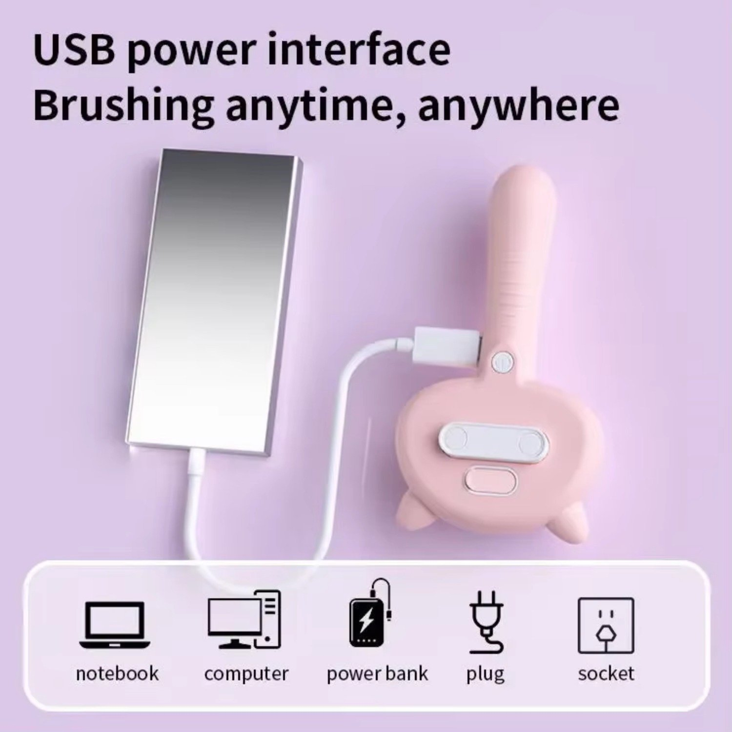 Ein rosa Pflegegerät wird von einer Powerbank aufgeladen. Verschiedene Ladeoptionen sind unten aufgeführt.