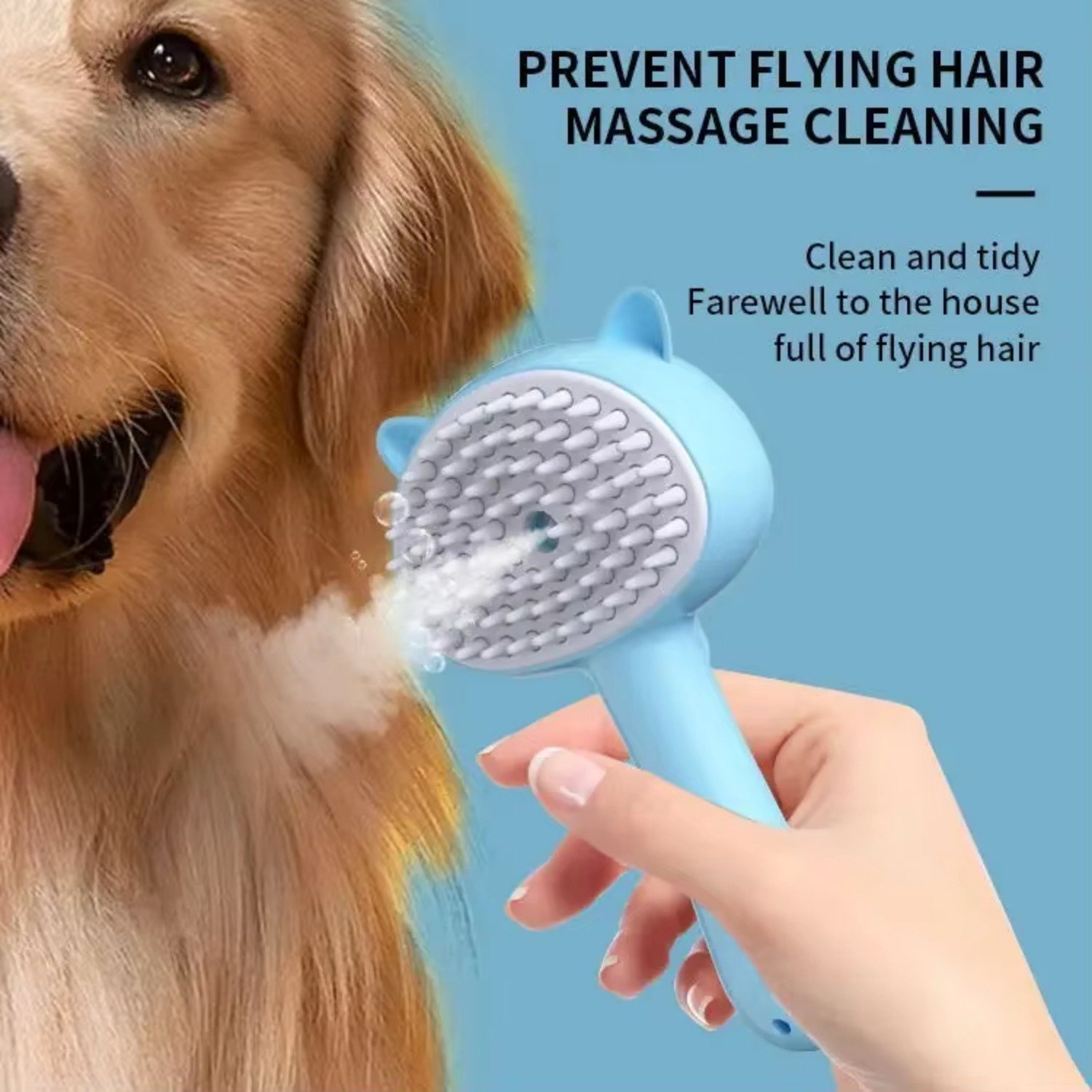 Eine Hand hält eine blaue Haustierbürste und pflegt einen Golden Retriever. Text sagt, verhindern Sie fliegendes Haar. Sauber und ordentlich.