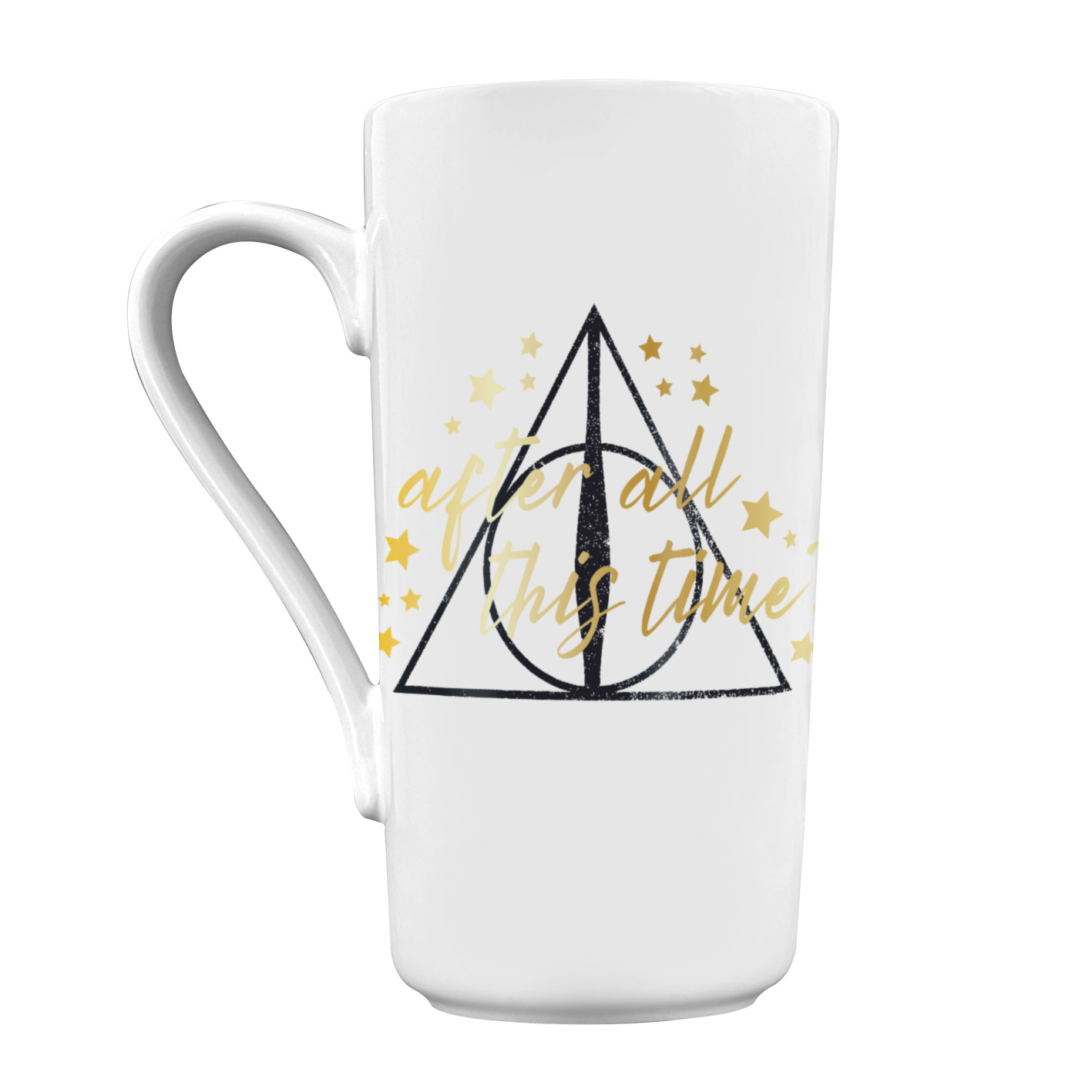 Weiße Tasse mit schwarzem Dreieck, Kreis und Liniendesign. Goldener Text lautet 'After all this time'. Goldene Sterne umgeben das Design.
