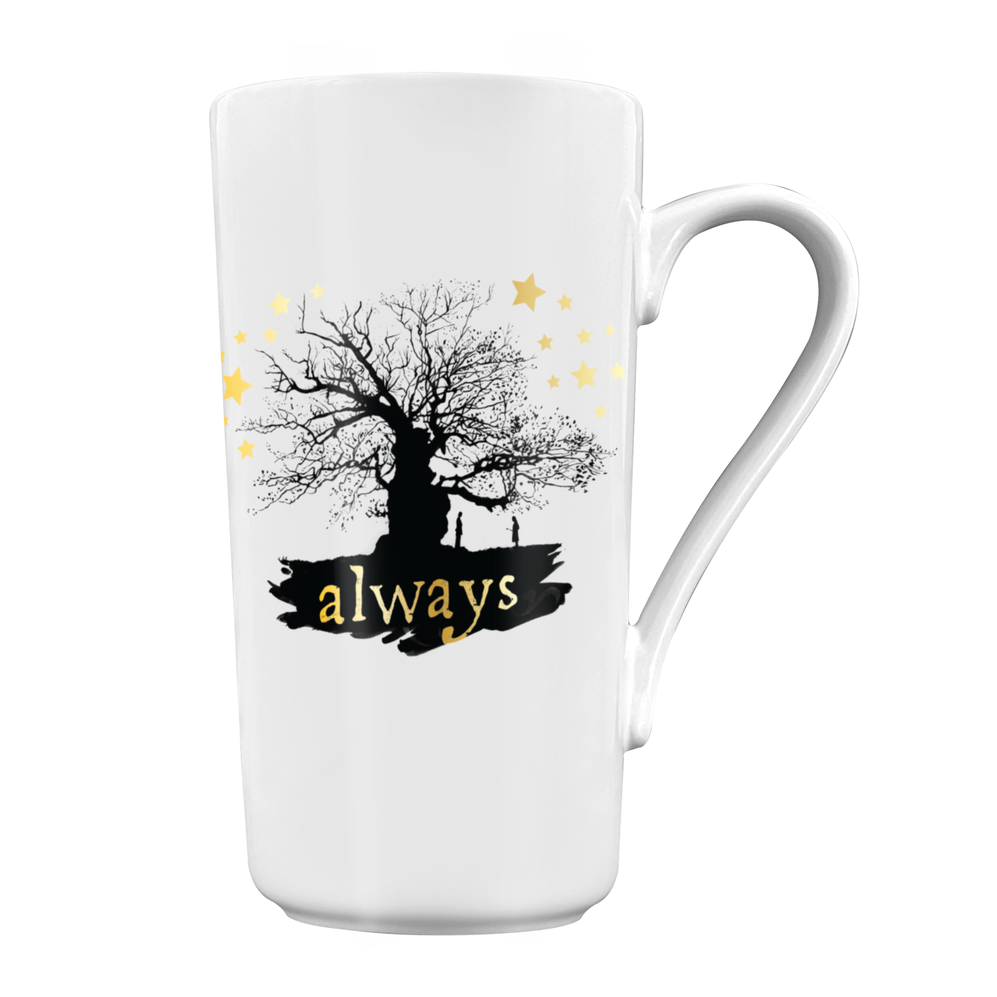Weißer Becher mit schwarzer Baumsilhouette, goldenen Sternen und dem Wort 'always'. Zwei Figuren stehen unter dem Baum.