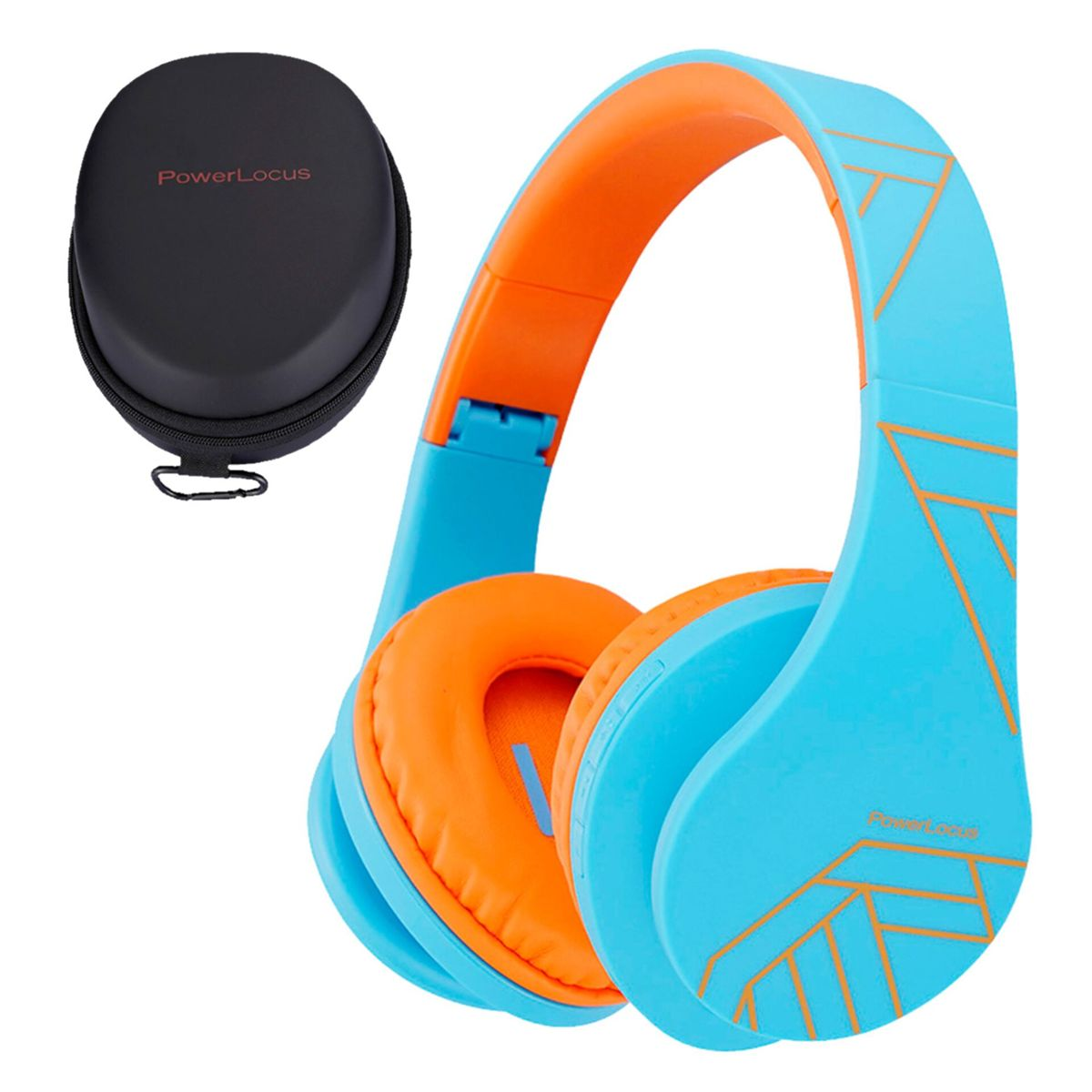 Blau-orange Kopfhörer mit schwarzem Etui. Kopfhörer haben geometrische Muster. Etui hat Text 'PowerLocus'.