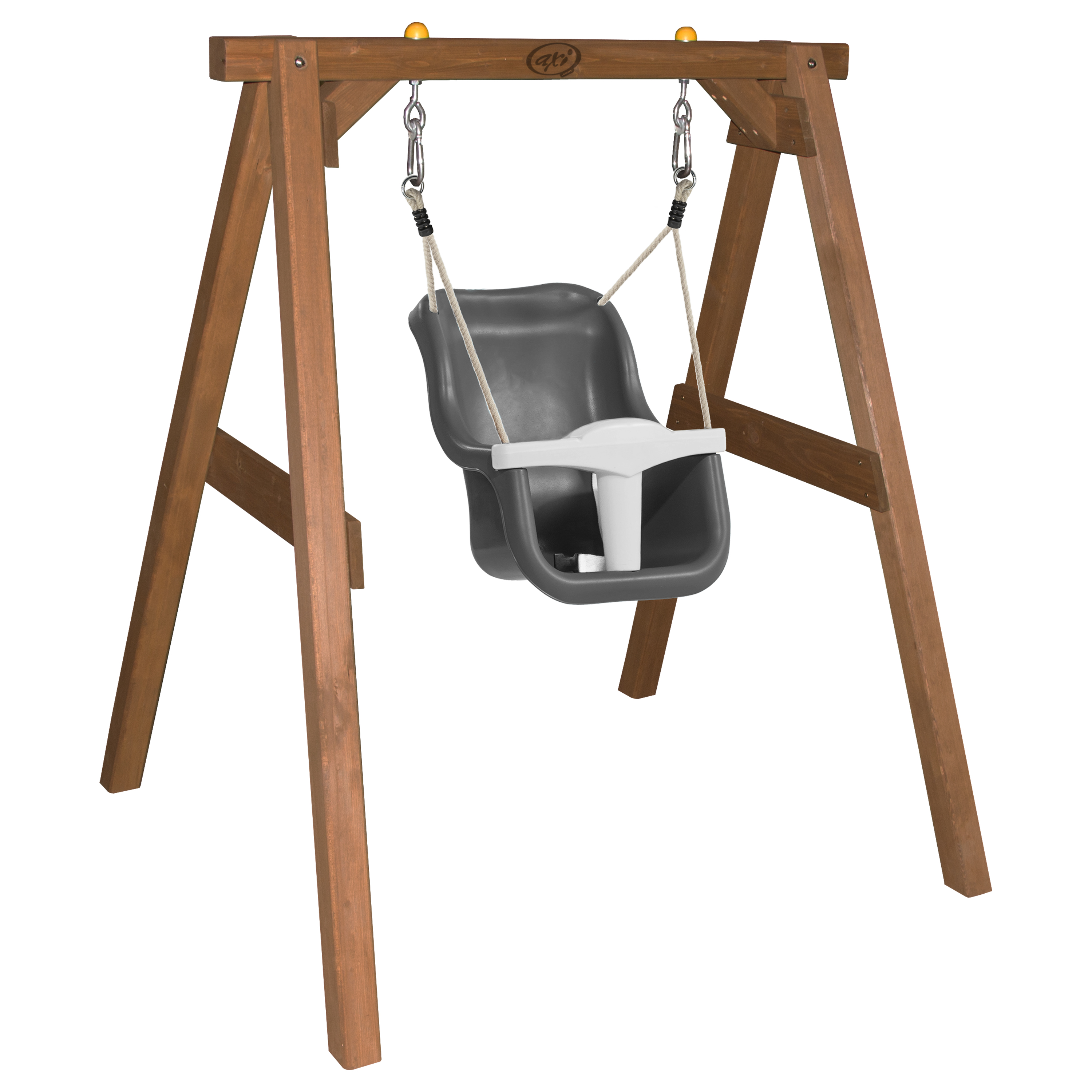A-förmiger Holzschaukel-Set mit einer grauen Babyschaukel und weißer Sicherheitsstange. Gelbe Kappen oben.