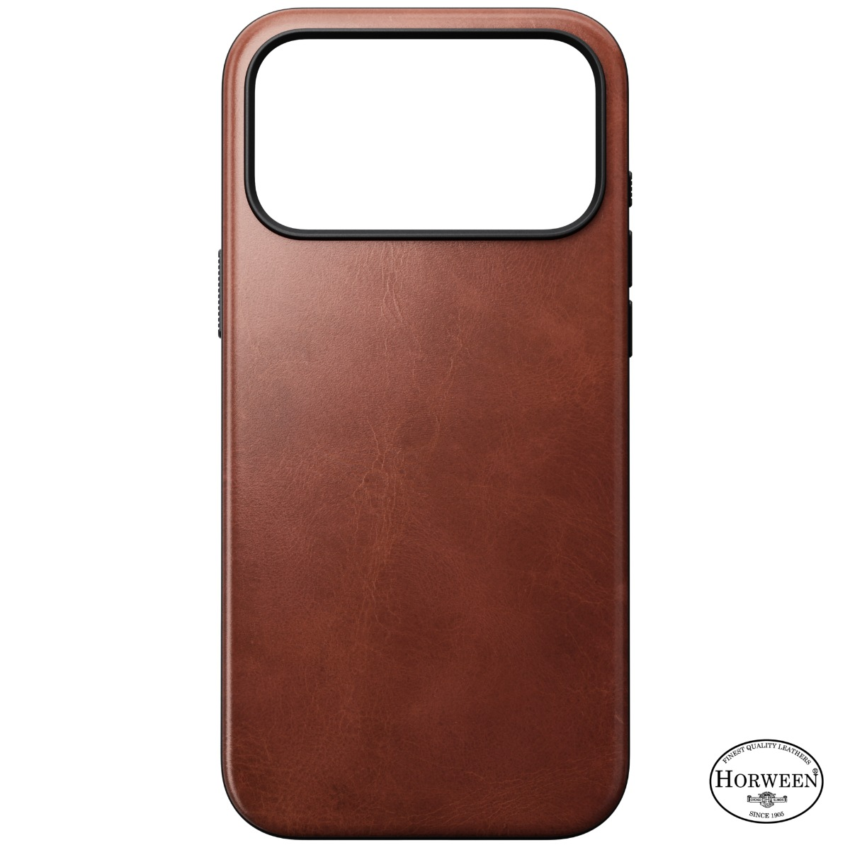 Una custodia per telefono in pelle marrone. Ha una cornice nera attorno all'intaglio della fotocamera e ai bordi. Il logo Horween è in basso.