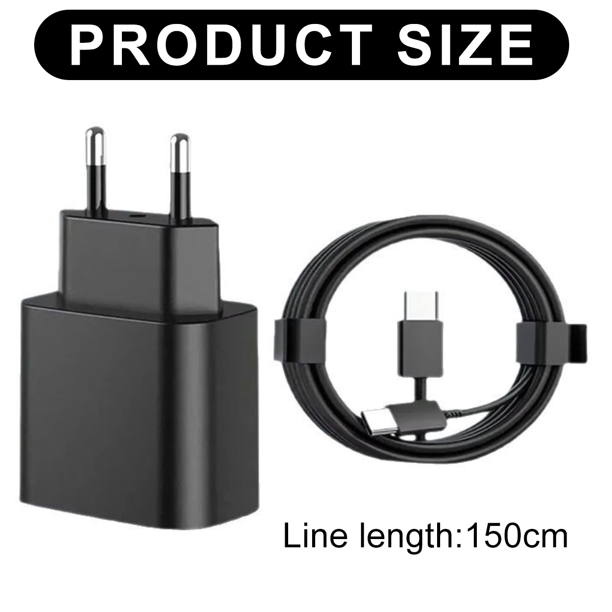 Schwarzes Ladegerät und Kabel. Ladegerät hat zwei Stifte. Kabel ist aufgerollt mit USB-C-Anschluss. Text: Produktgröße, Leitungslänge: 150cm.