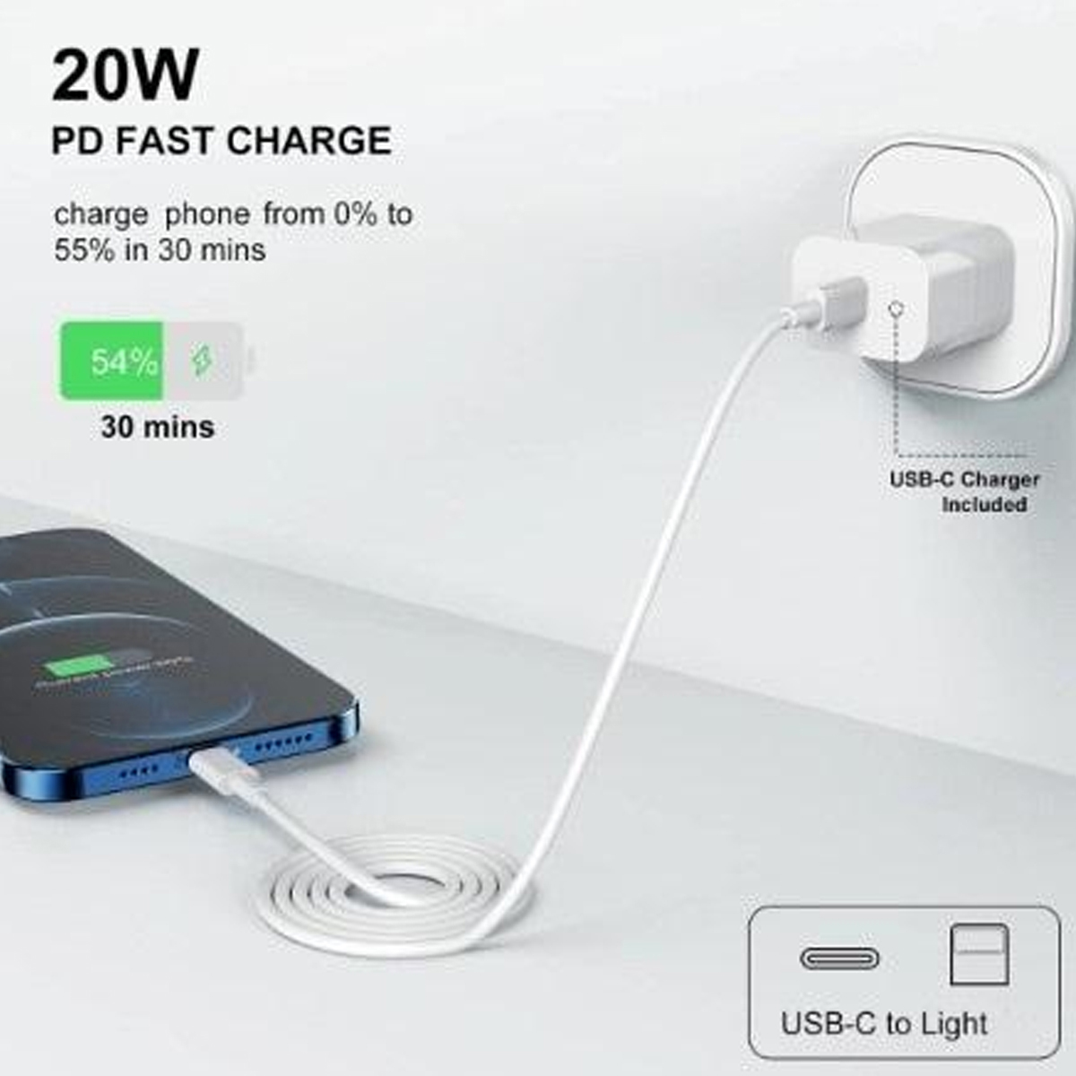 Ein Telefon, das mit einem weißen Kabel aufgeladen wird, das an ein Wandladegerät angeschlossen ist. Das Telefon hat einen Ladestand von 54 % und lädt in 30 Minuten von 0 % auf 55 % auf.