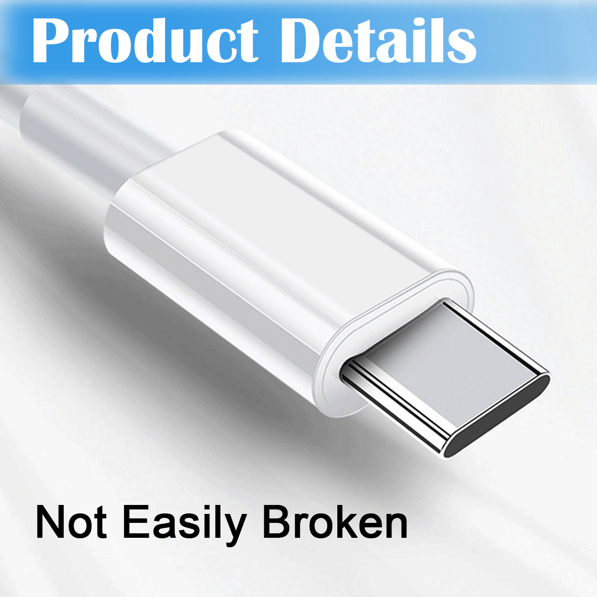 Nahaufnahme eines weißen USB-C-Kabelanschlusses. Der Text auf dem Bild lautet 'Produktdetails' und 'Nicht leicht zu brechen'.