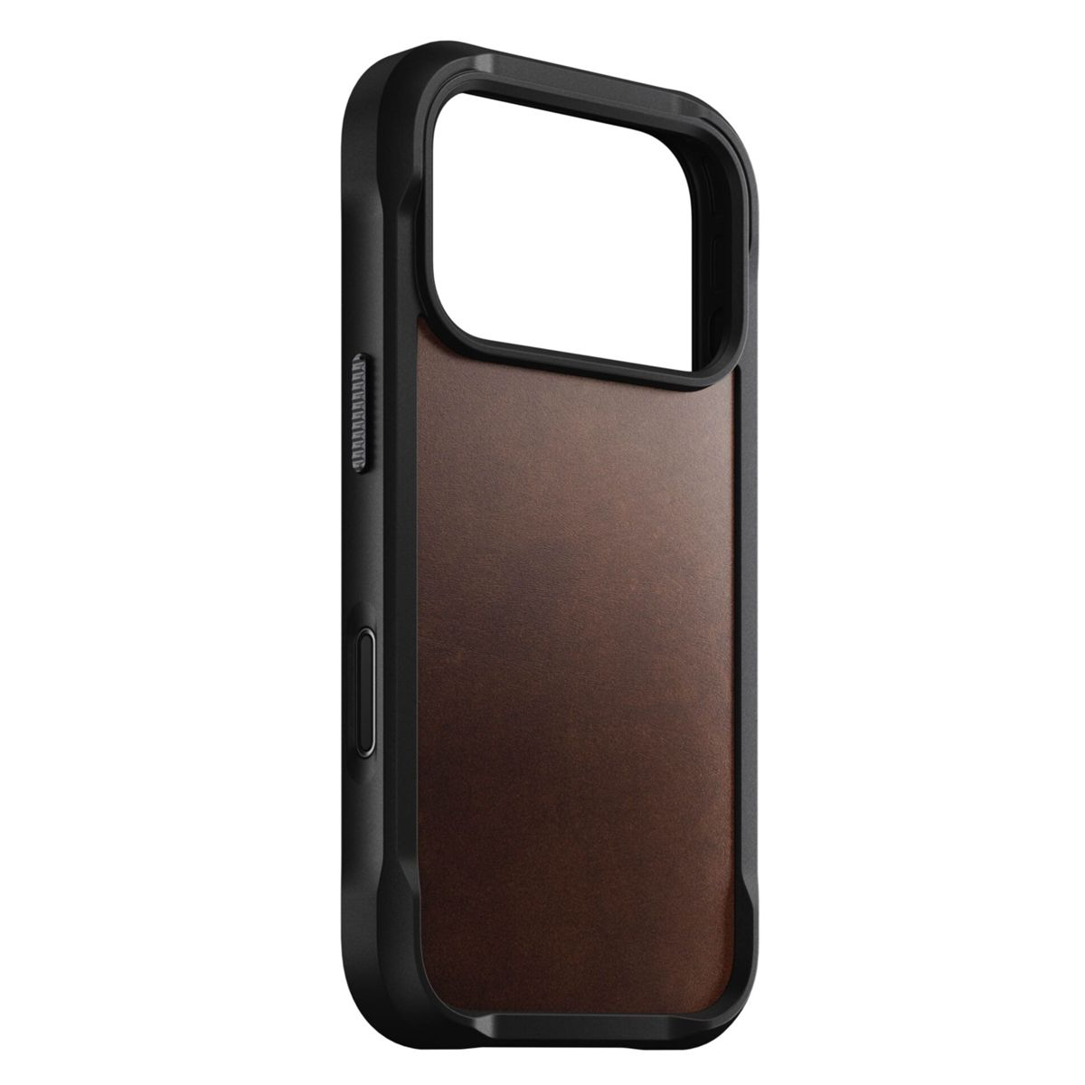 Una custodia per telefono con cornice nera e retro marrone similpelle. L'intaglio della fotocamera è visibile in alto, i pulsanti laterali.