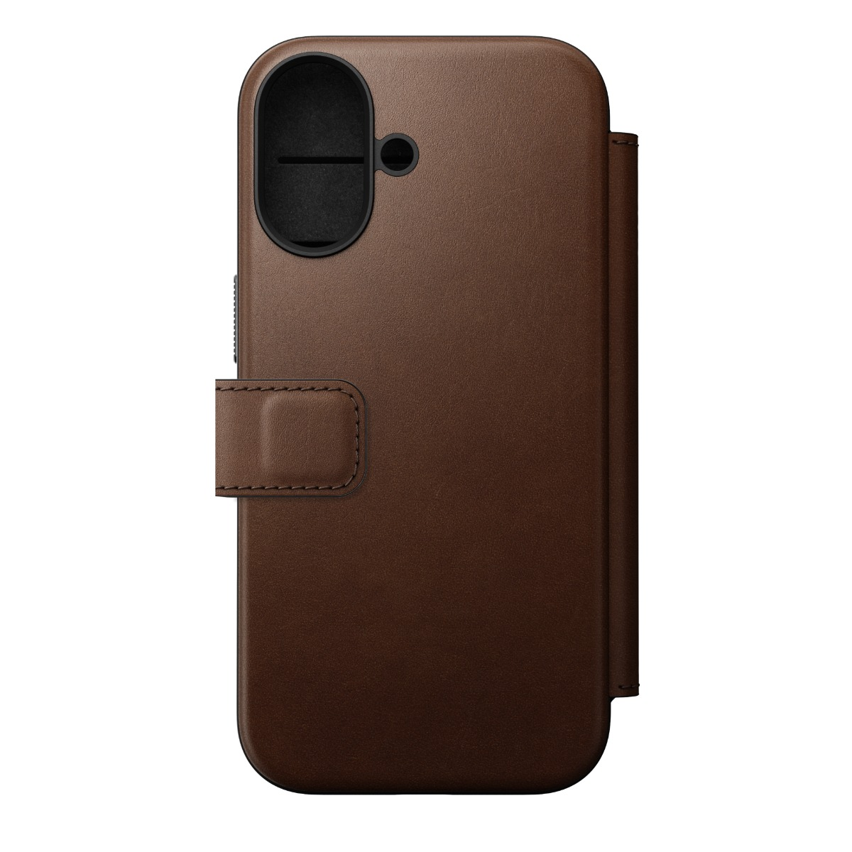 Una custodia per telefono in pelle marrone. Ha un ritaglio per la fotocamera, una patta con chiusura magnetica e un supporto integrato.