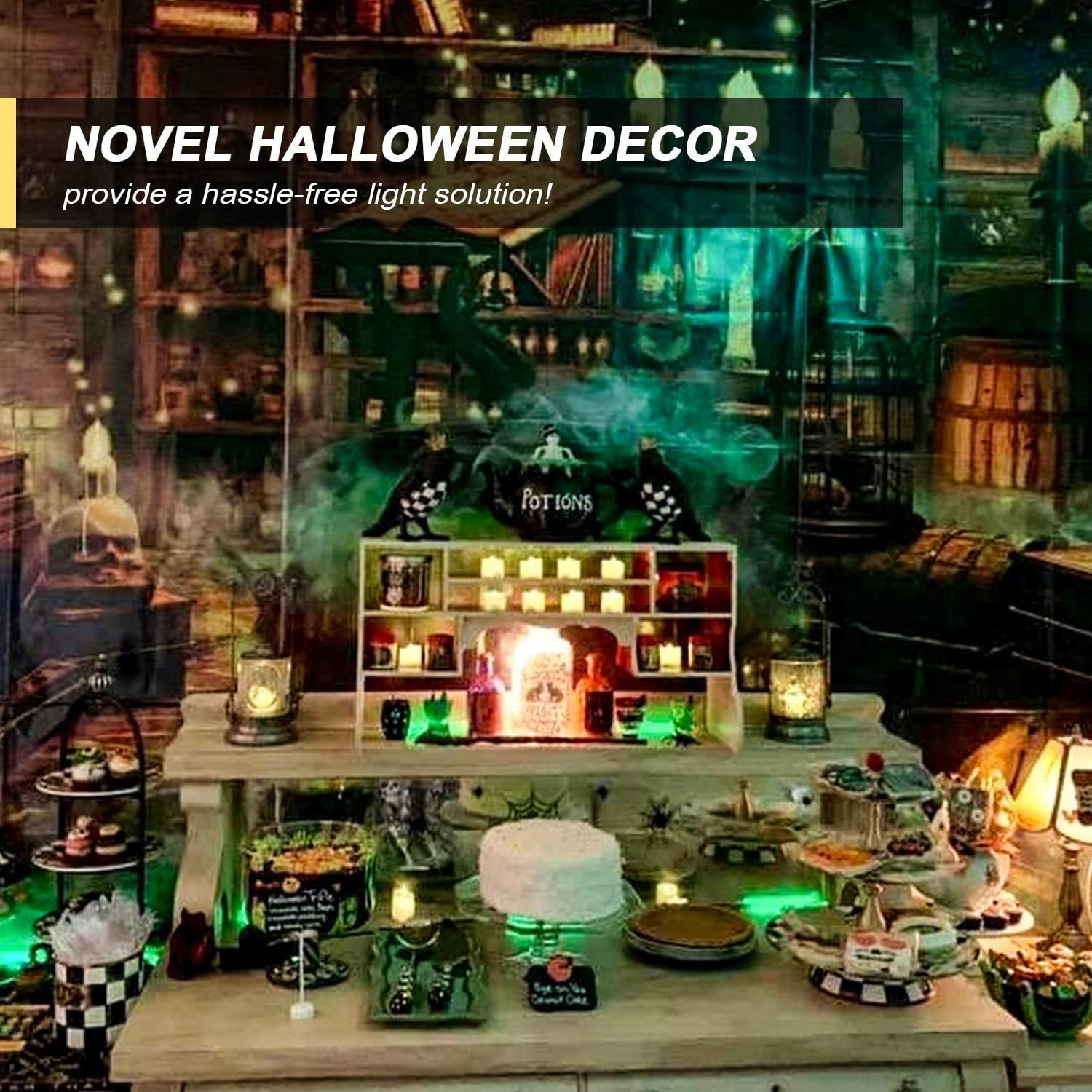 Halloween-Dekoration mit Kerzen, Kuchen und Tränken. Regale und Tische sind mit Halloween-Artikeln gefüllt. Grüne und gelbe Lichter.