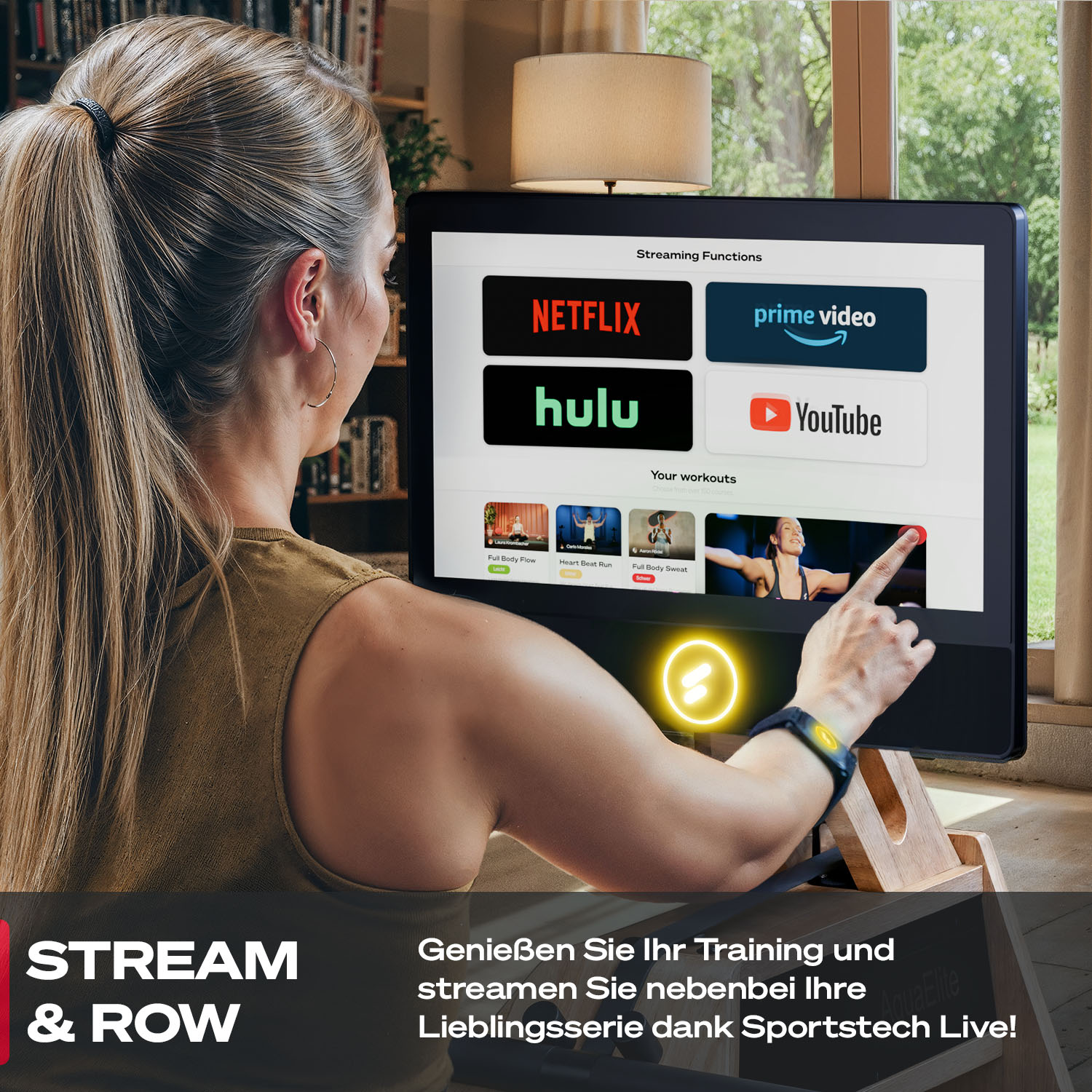 Frau trainiert auf einem Rudergerät mit Streaming-Apps auf dem Bildschirm: Netflix, Hulu, Prime Video und YouTube. Text lautet 'Stream & Row'.