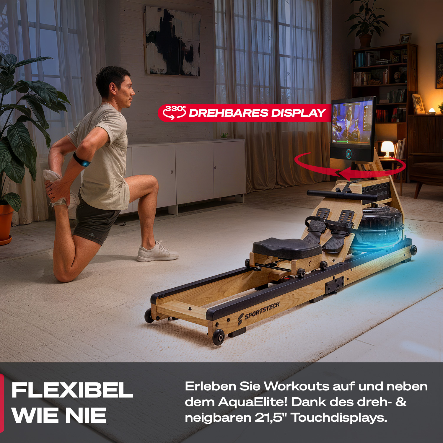 Ein Mann dehnt sich in der Nähe eines Rudergeräts mit drehbarem Display. Die Maschine ist aus Holz. Text: 'FLEXIBEL WIE NIE' und Produktdetails.