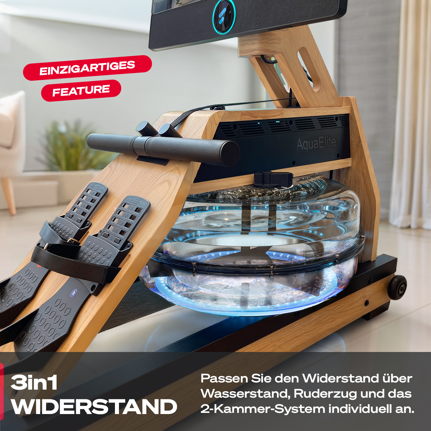 Rudergerät aus Holz mit Wassertank. Merkmale sind Fußstützen, Griffe und Digitalanzeige. Text: "EINZIGARTIGES FEATURE".