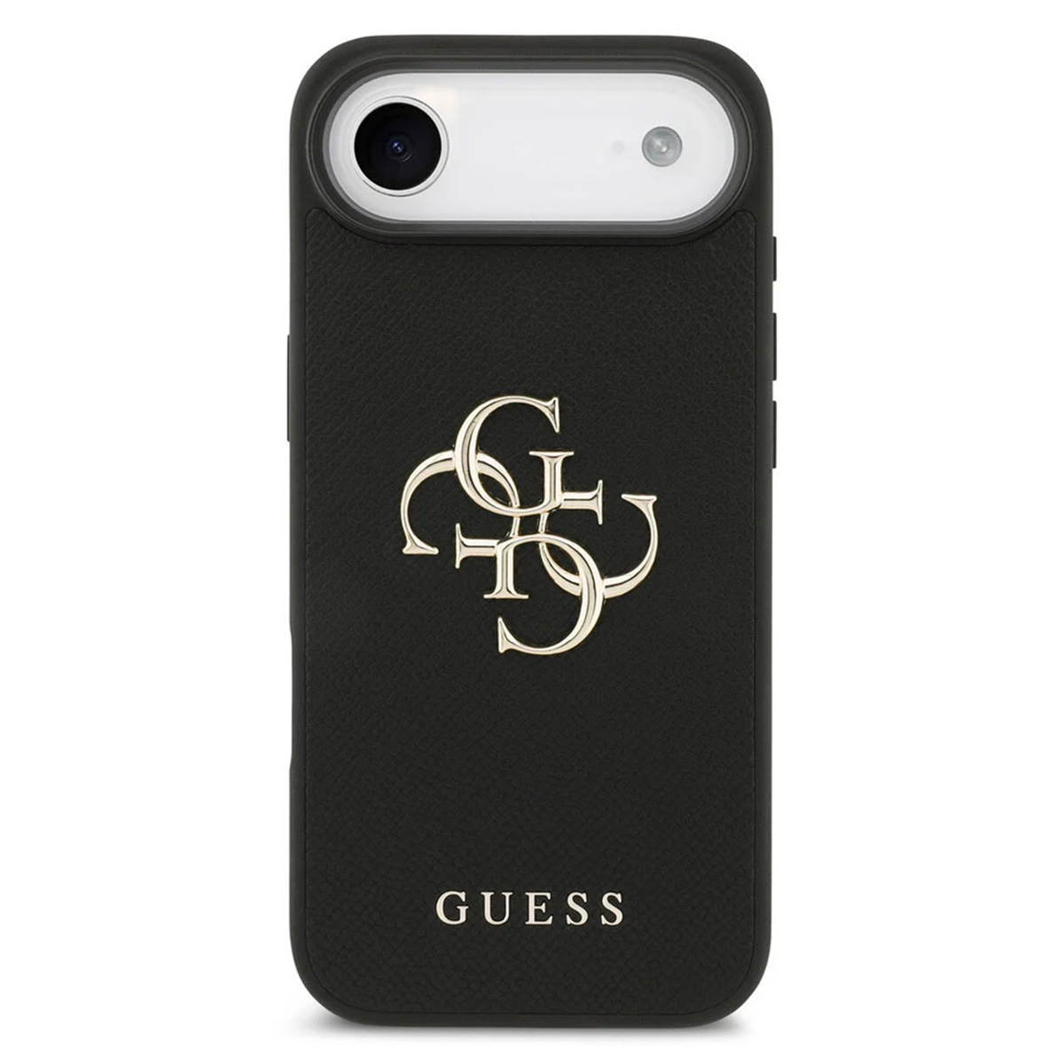 Schwarze Handyhülle mit goldenem Guess-Logo. Weißer Kamerabereich oben. Text 'GUESS' unten.