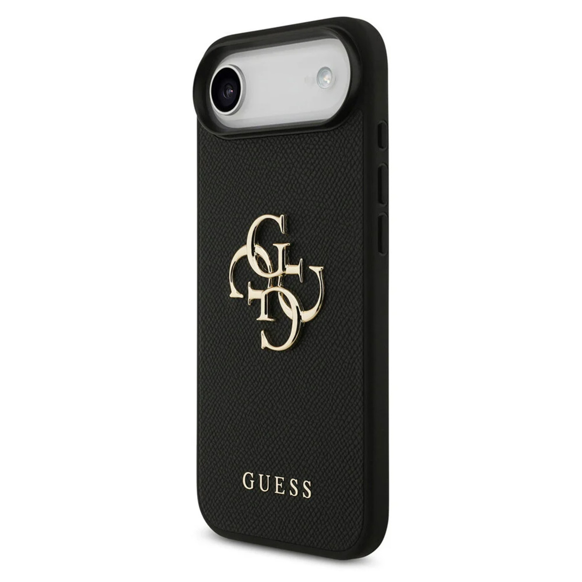Schwarze Guess-Handyhülle mit goldenem Logo und Kamera. Die Hülle ist strukturiert und hat den Markennamen unten.