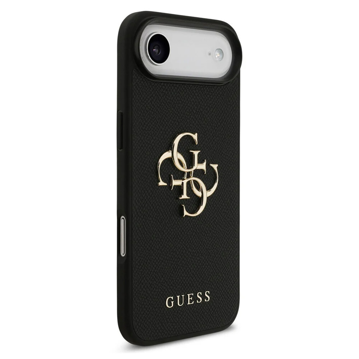 Schwarze Guess-Handyhülle mit goldenem Logo und Kamerabereich. Das Wort GUESS steht unten.
