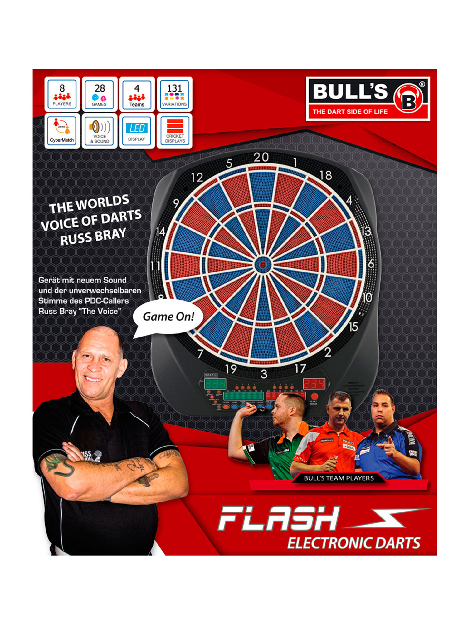 Dartscheibe mit Mann und Teamspielern im Hintergrund. Merkmale sind LED-Anzeige, Sprache und Cricket-Anzeigen.