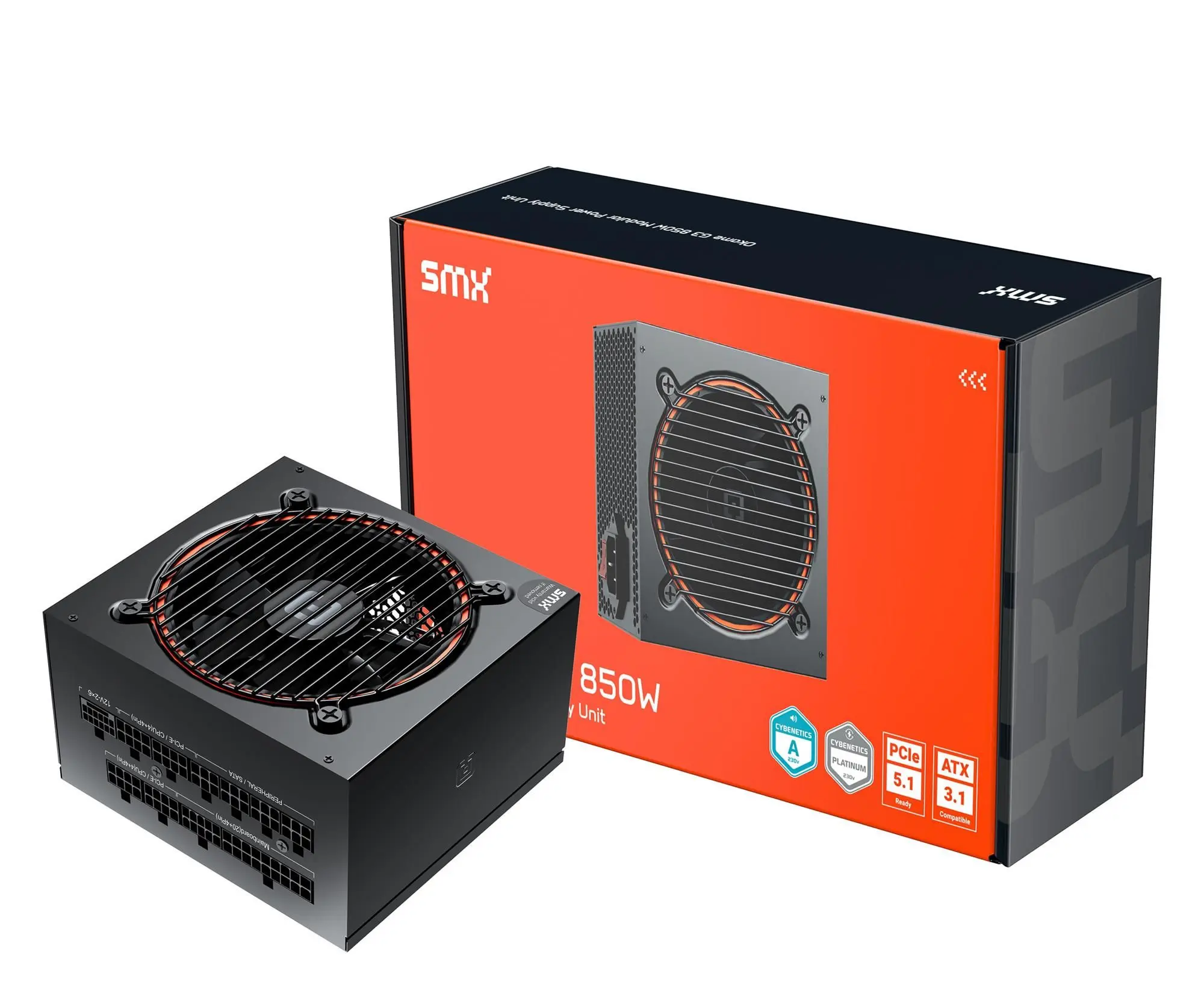 Ein Computer-Netzteil und seine Box werden gezeigt. Das Gerät ist schwarz mit roter Umrandung und einem Lüfter. Die Box ist orange und schwarz.