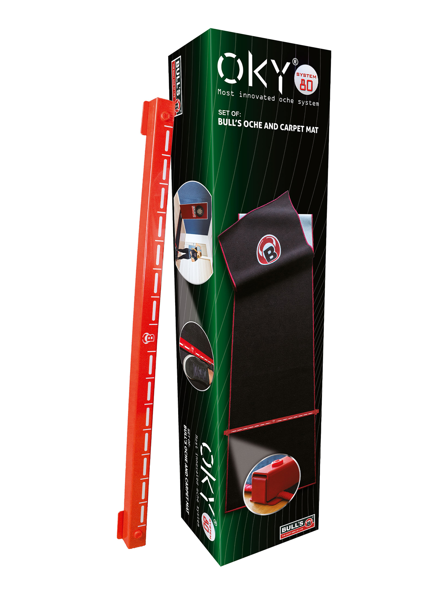 Verpacktes Set von Bull's Oche und Teppichmatte. Enthält ein rotes Oche, eine schwarze Matte mit roter Umrandung.