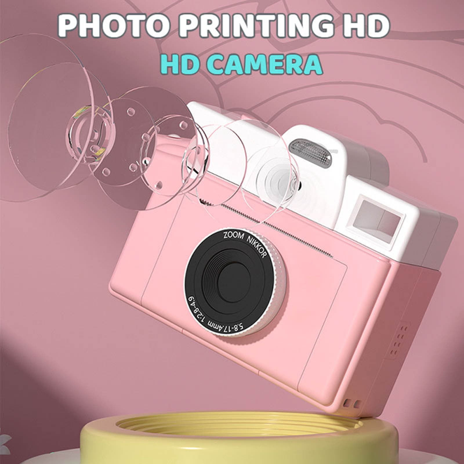 Eine rosa Kamera mit schwarzem Objektiv. Der Hintergrund hat einen rosafarbenen Farbverlauf und Text mit der Aufschrift „PHOTO PRINTING HD HD CAMERA“.