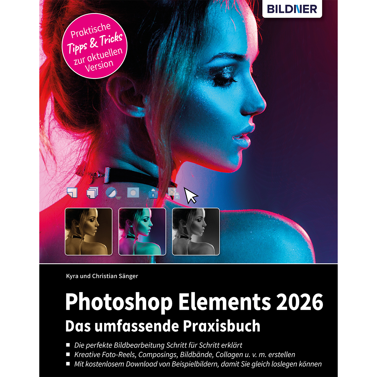 Buchcover: Frau mit blauem und rotem Licht. Titel: Photoshop Elements 2026. Enthält Tipps und Tricks für die aktuelle Version.